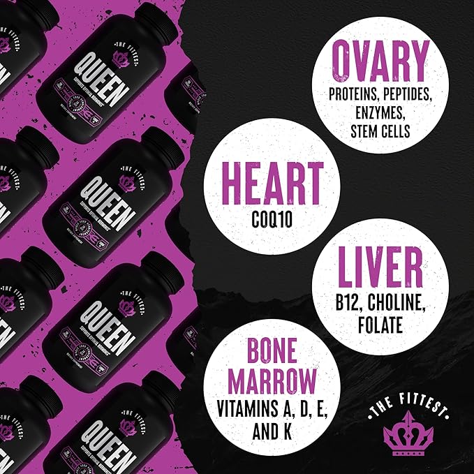 The Fittest Queen Supplement - Supports Hormone Balance, Fertility, Performance and Energy for Women - Grass fed Bovine Ovary, Liver, Bone Marrow & Heart - 180 Capsules