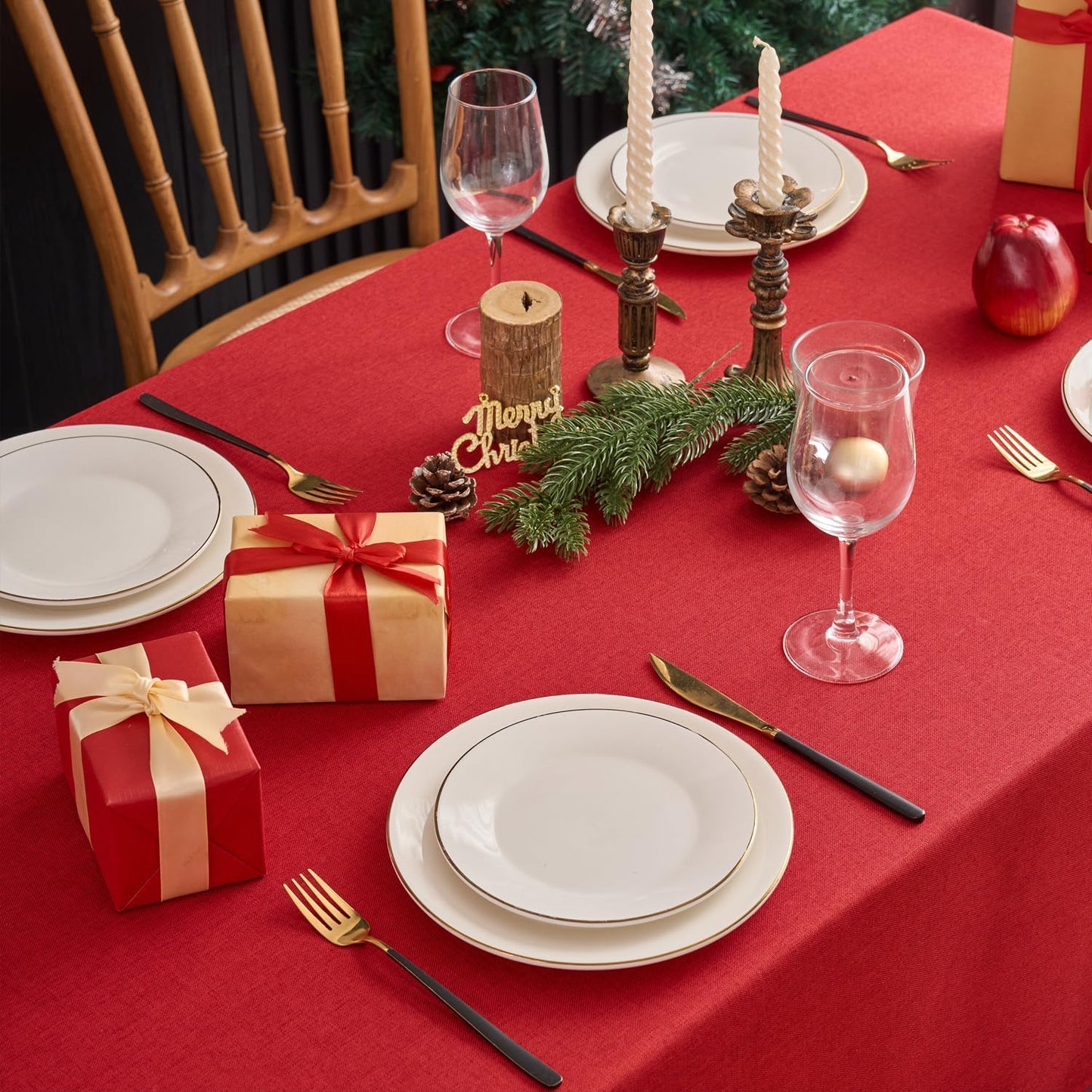 NLMUVW Red Linen Tablecloth Rectangle, Christmas Table Cloth Water Resistant Textured Table Cover for Kitchen Dining Coffee Party, 54 x 78 Inch