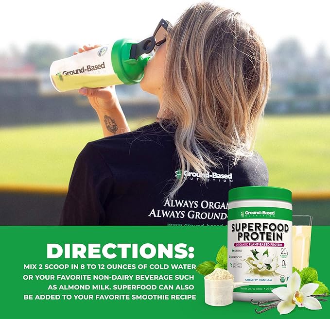 Ground-Based Nutrition Plant-Based Protein Superfood Powder - Vanilla Flavor - Vegan, Keto, Paleo Friendly - High Protein, Low Calorie, Gluten-Free - 20 Servings Creamy Vanilla