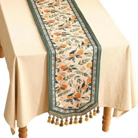 patdrea Designer Vintage Fresh Farmhouse Extra Long Linen Table Runner 118 Inch Long, Green and Orange Pattern Table Mat, Decor for Kitchen Dining Table Coffee Table Cabinet Christmas,16"*118"