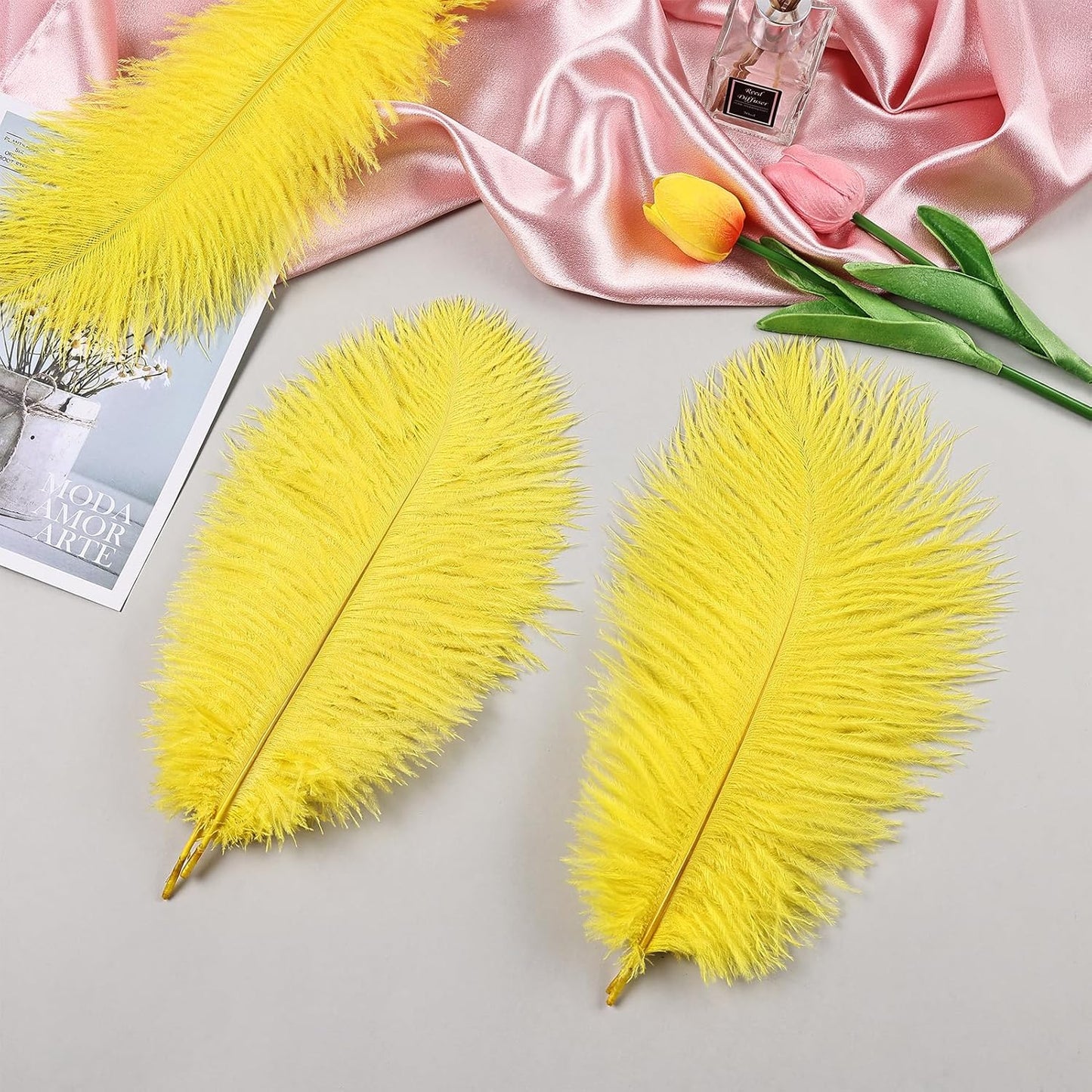 THARAHT Yellow Ostrich Feathers 24pcs Natural Bulk 8-10Inch 20cm-25cm for Crafts Wedding Party Centerpieces Halloween and Home Decoration Feathers
