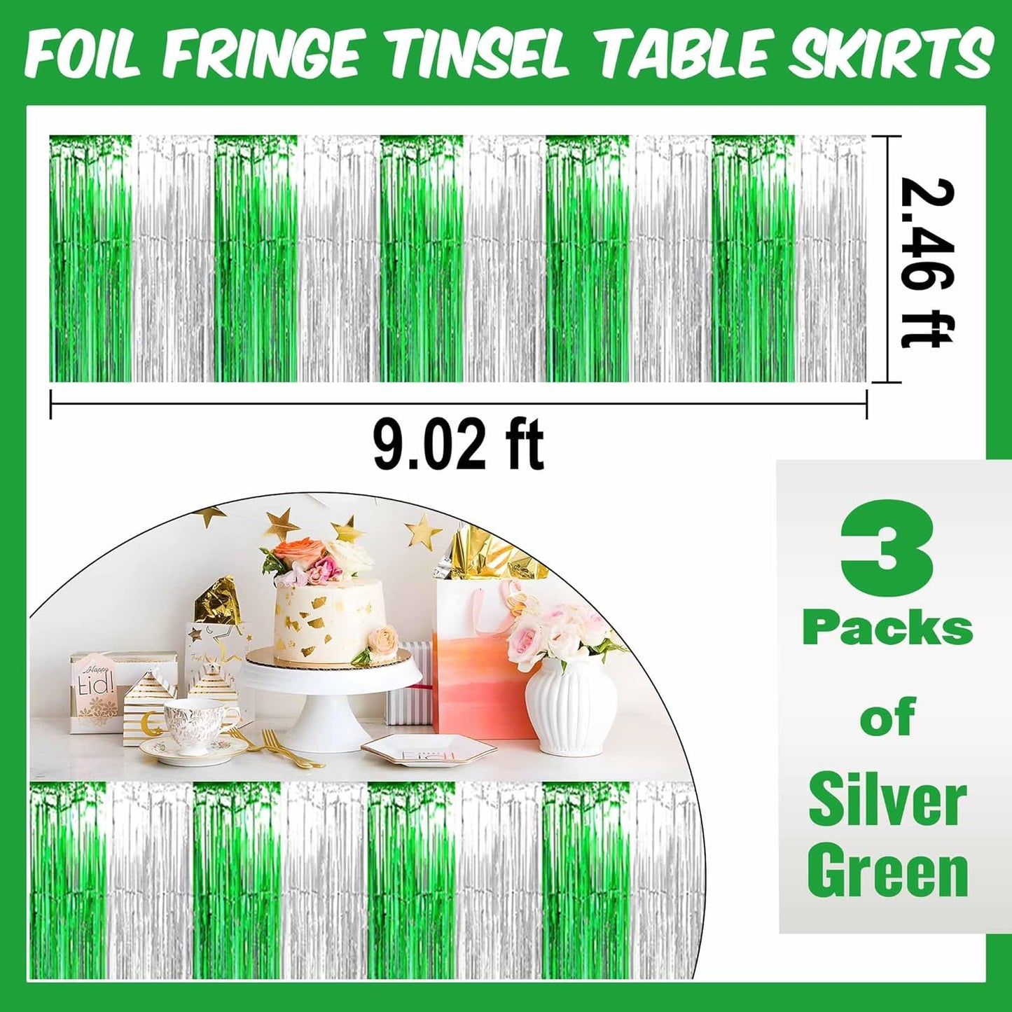 3 Pack 29 x108 Inch Silver Green Foil Fringe Table Skirts Metallic Banner for Tinsel Streamer Garland Backdrop for Parade Floats Mother's Day, Graduate, Birthday, Wedding Party Decoration