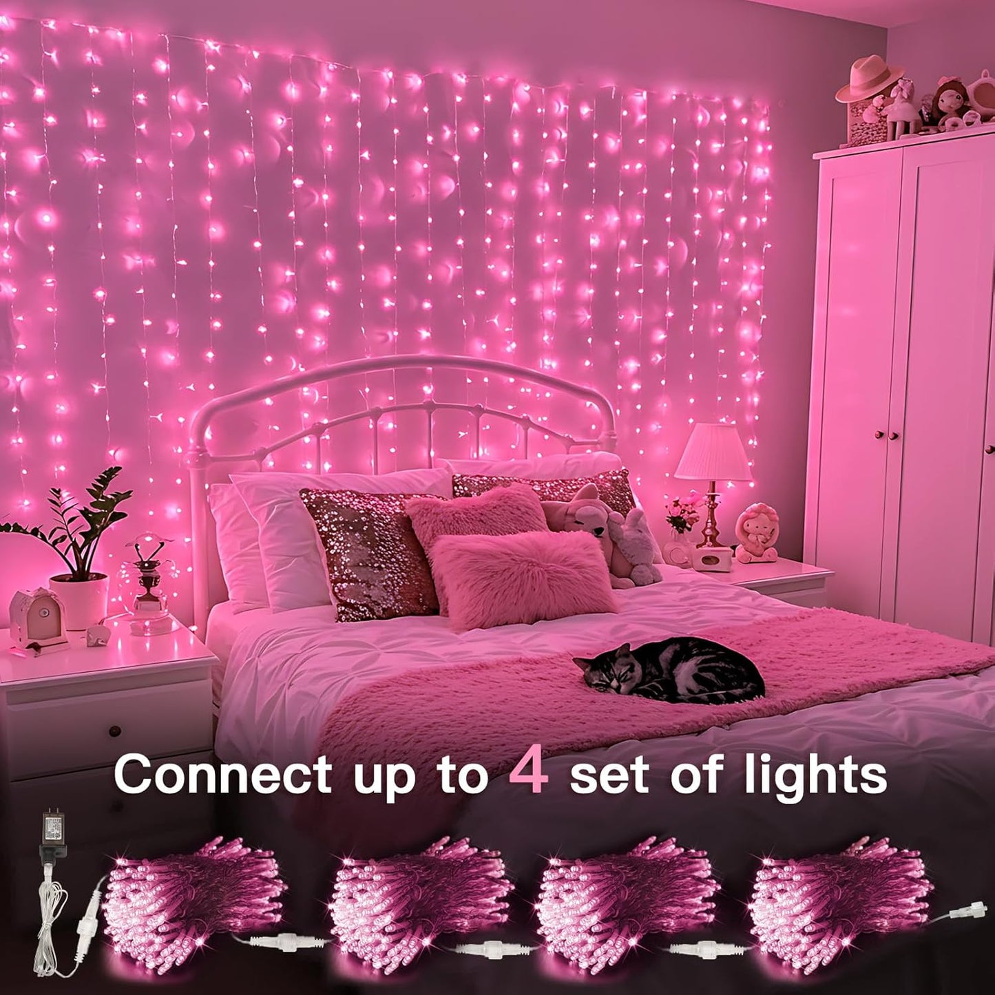 suddus Curtain Lights for Bedroom, 300 Led 9.8ft x 9.8ft Hanging String Lights Outdoor, Fairy Curtain Lights for Backdrop, Window, Wall, Wedding, Party, Garden, Porch, Birthday Decorations Pink