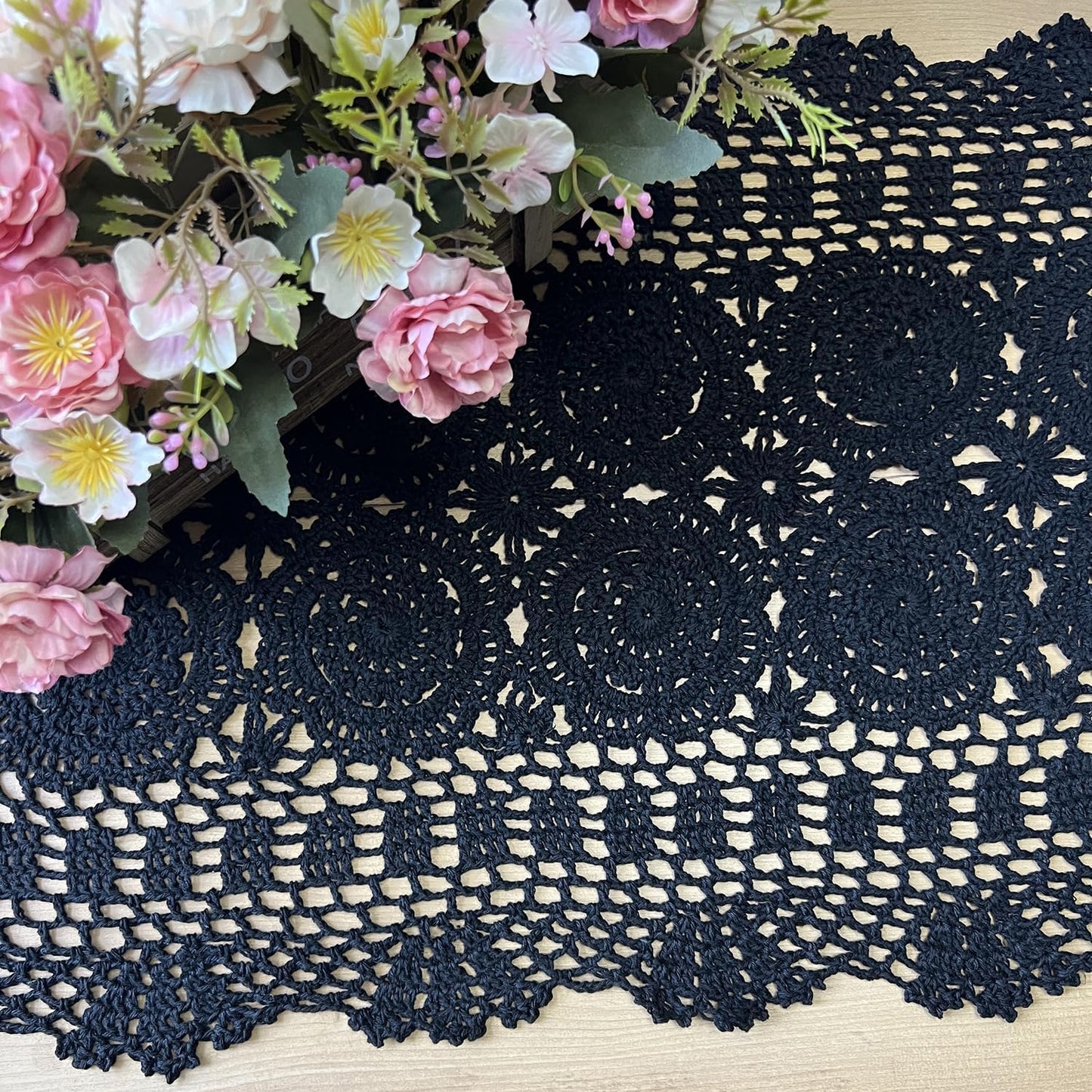 Phantomon Lace Table Runner Rectangular Table Cover Cloth Handmade Crochet Floral Placemats 100% Cotton (Floral Black, 15x28Inch)