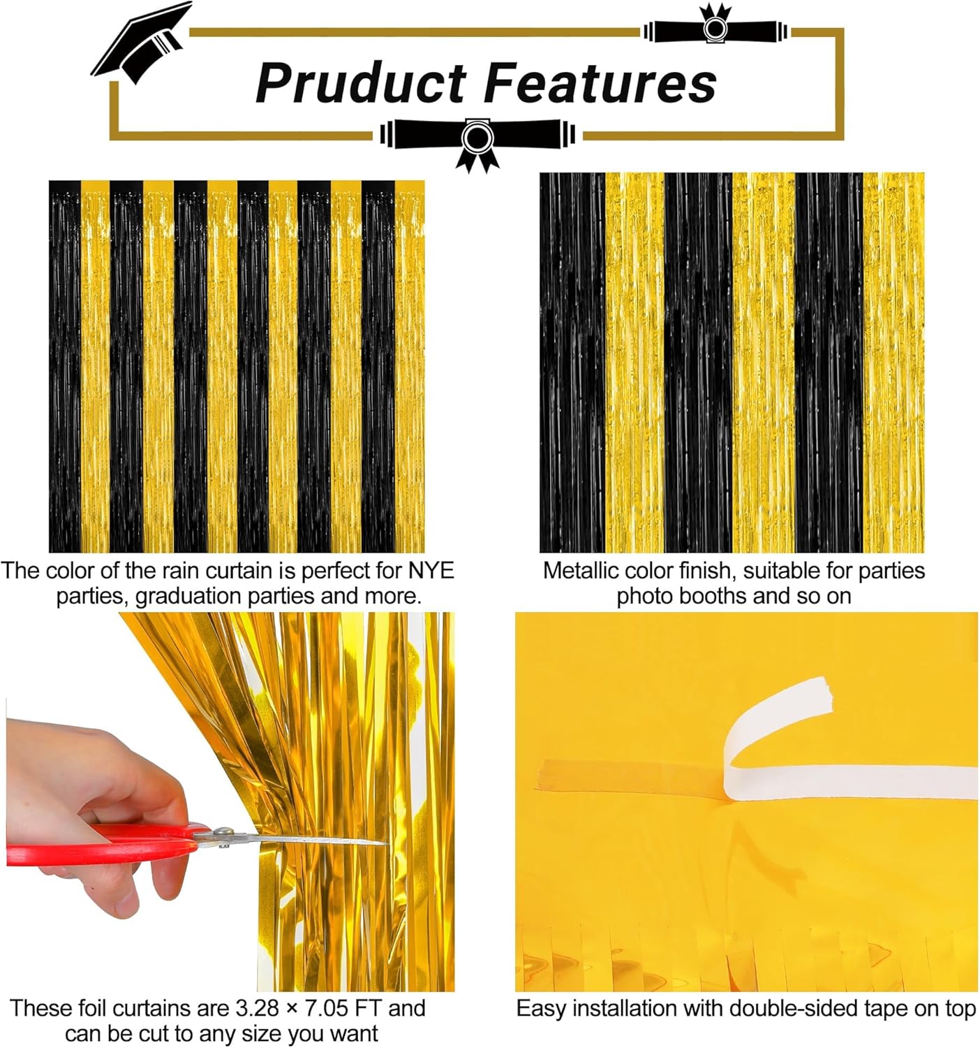 2 Pack Graduation Backdrop, 3.28 FT x 7.05 FT Black and Gold Foil Fringe Curtains, Metallic Foil Curtain Graduation Backdrop, Grad Party Supplies Black and Gold Party Decorations Class of 2025