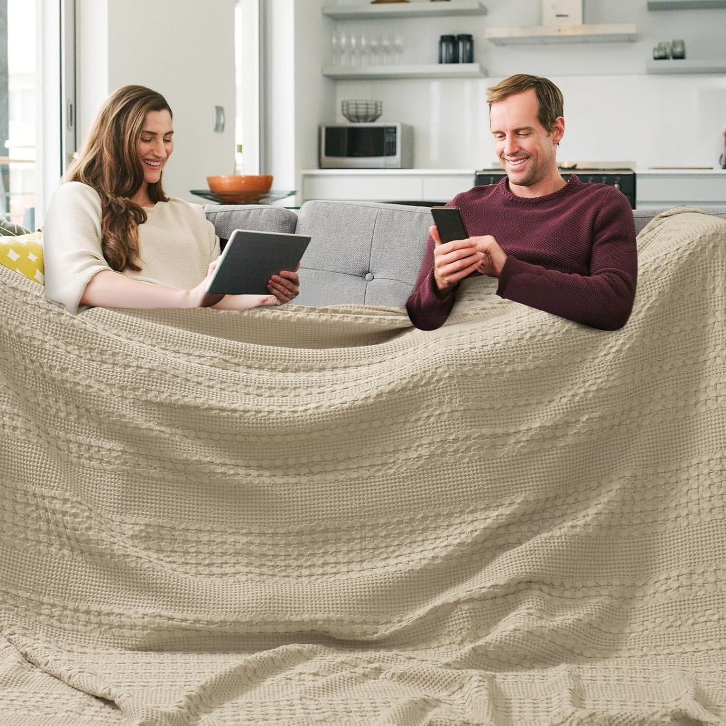 PHF 100% Cotton Waffle Blanket Oversized King 120"x120", Lightweight Breathable Extra Large 10'x10' Blankets for Bed, Giant Big Luxury Aesthetic Woven Bedding for Home Decor, Khaki