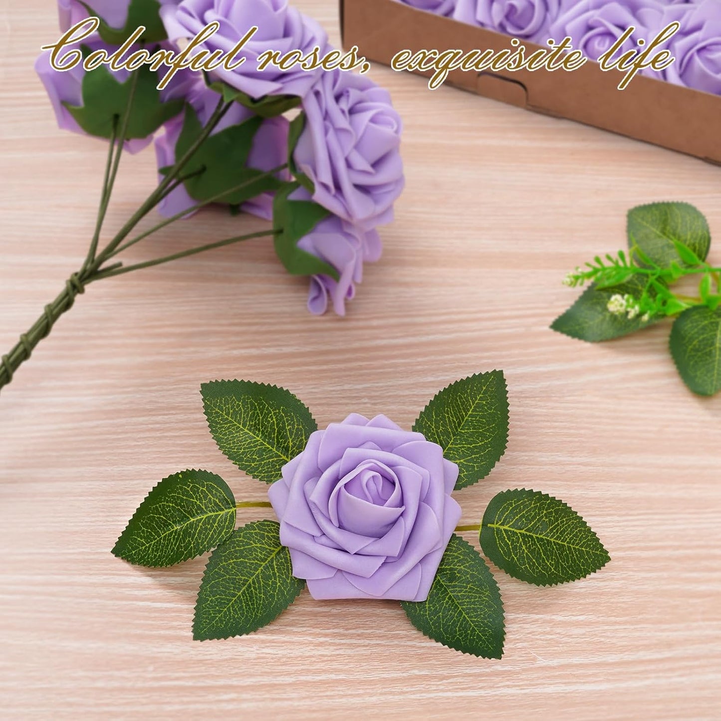 BLEUM CADE 16Pcs Artificial Flowers Fake Roses with Stems, Purple Boxed Foam Roses for DIY Bouquets Centerpieces Wedding Party Arrangement Bridal Shower Decor