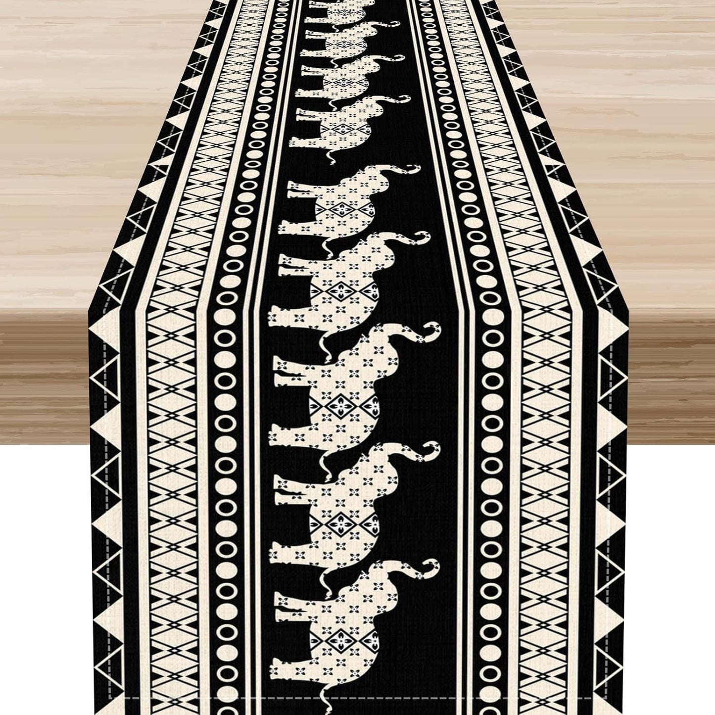 Ethnic Table Runner, Rustic Farmhouse Boho Geometric Elephant Aztec Tribal Print Black Table Center Decor for Home Kitchen Dining Patio Holiday Party Indoor Outdoor Table Decorations, 13"x108" Inch