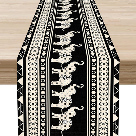 Ethnic Table Runner, Rustic Farmhouse Boho Geometric Elephant Aztec Tribal Print Black Table Center Decor for Home Kitchen Dining Patio Holiday Party Indoor Outdoor Table Decorations, 13"x90" Inch