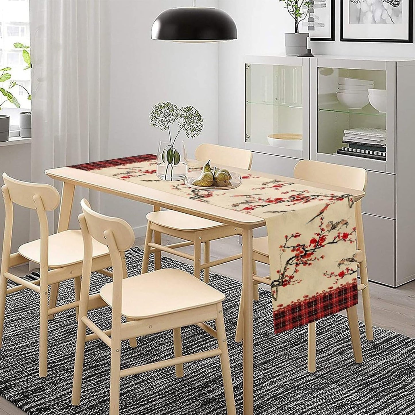Bird Table Runner,Red Black Buffalo Plaid Blossom Seasonal Table Runner for Kitchen Dining Table Decoration Home Party Decor 13x120 Inch