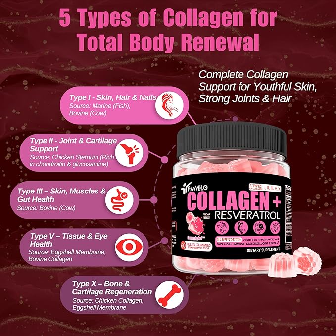 Multi Collagen Gummies Peptides Hydrolyzed Type I, II, III, V, X Plus Resveratrol Hyaluronic Acid & Biotin Gummies for Hair Skin and Nails Vitamins | Colageno Hidrolizado for Women & Men | Sugar Free