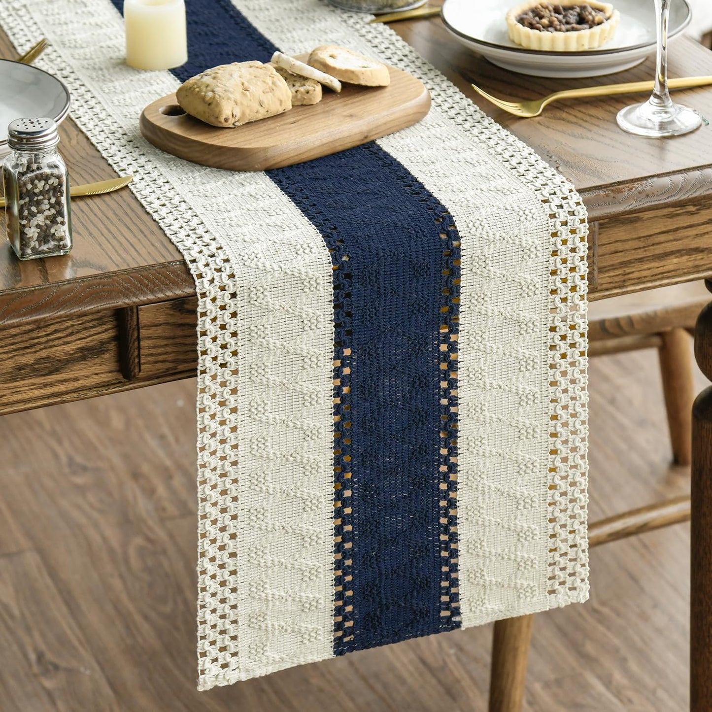 Artoid Mode Dark Blue Farmhouse Rustic Table Runner, Seasonal Holiday Hollow Kitchen Dining Table Decoration for Home Party Decor 12x72 Inch