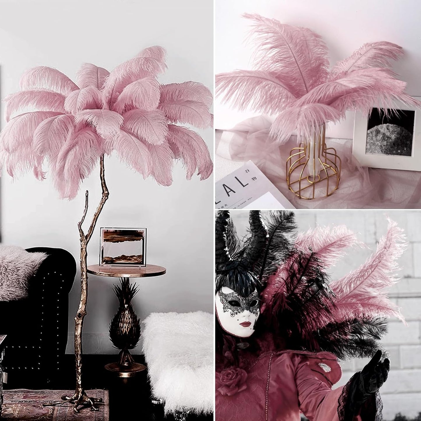 NEWONG 30pcs Peony Pink Ostrich Feathers Natural Bulk 9-12inch(23-30cm) Vase Craft Wedding Home Party Centerpieces Christmas Day Decoration
