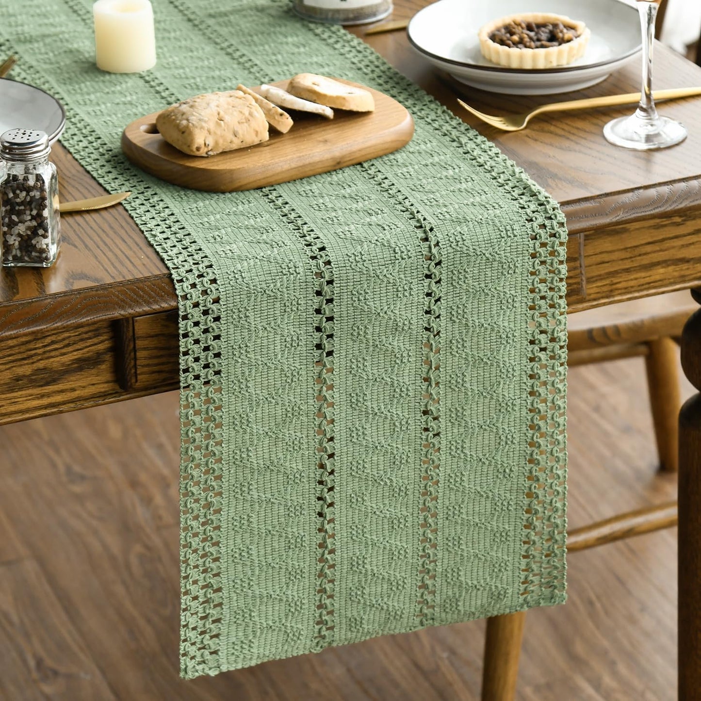 Artoid Mode Light Green Farmhouse Woven Rustic Hollow Table Runner, Seasonal Holiday Hollow Kitchen Dining Table Decoration for Home Party Decor 12x90 Inch