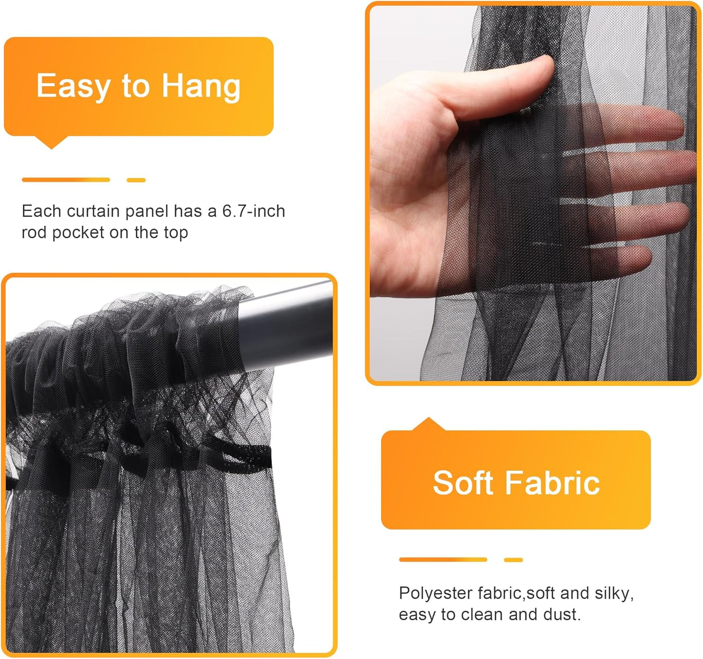 Fomcet Black Tulle Backdrop Curtains with Lights String 10FT X 10FT Sheer Curtains with Lights Tulle Curtain Backdrop for Wedding Birthday Party Photo Shoot (2 Panels 5x10FT)