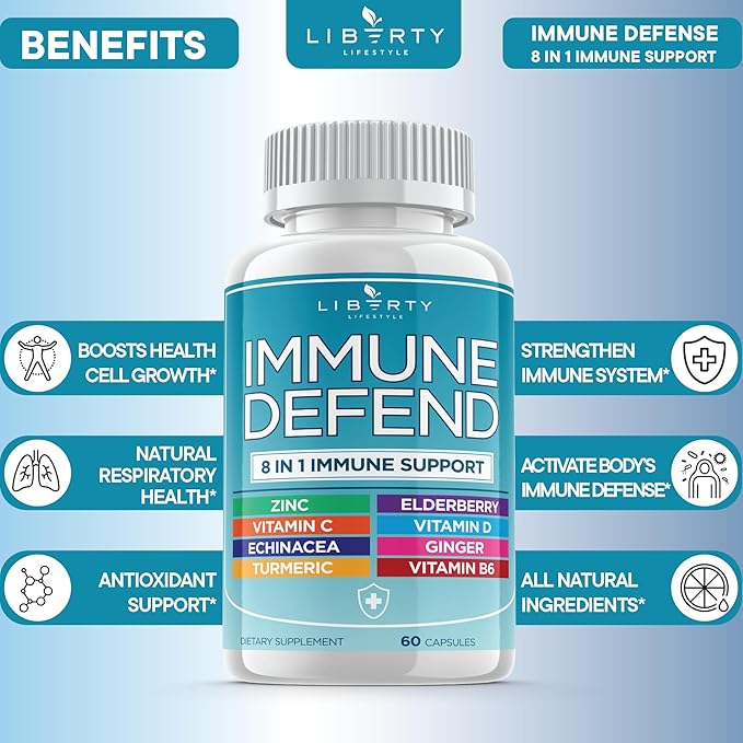 8 in 1 Immune Defense Support, Immunity Capsules Supplement with Echinacea Zinc 50mg, Vitamin C, D3 5000 IU, Turmeric Curcumin & Ginger, Echinacea - for Kids Adults (1 Pack)