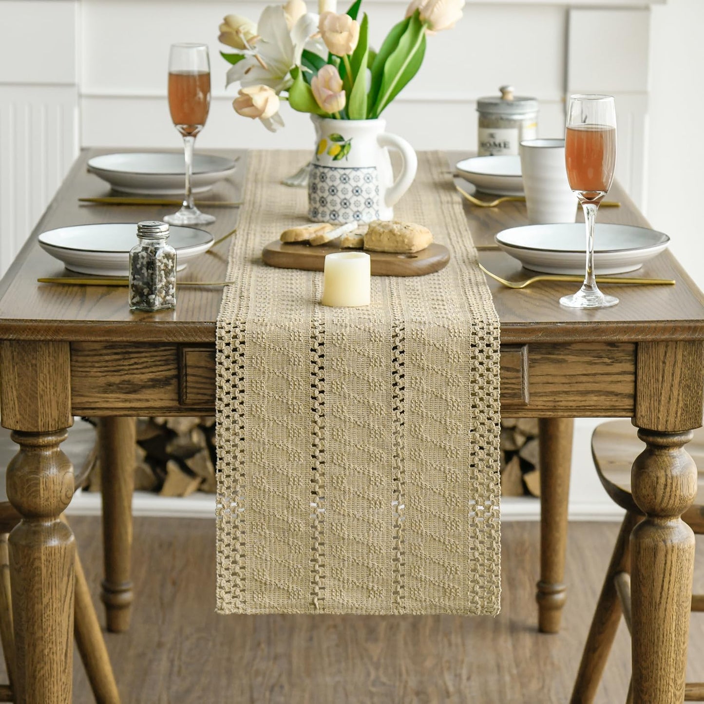Artoid Mode Burlap Brown Farmhouse Woven Rustic Hollow Table Runner, Seasonal Holiday Hollow Kitchen Dining Table Decoration for Home Party Decor 12x108 Inch