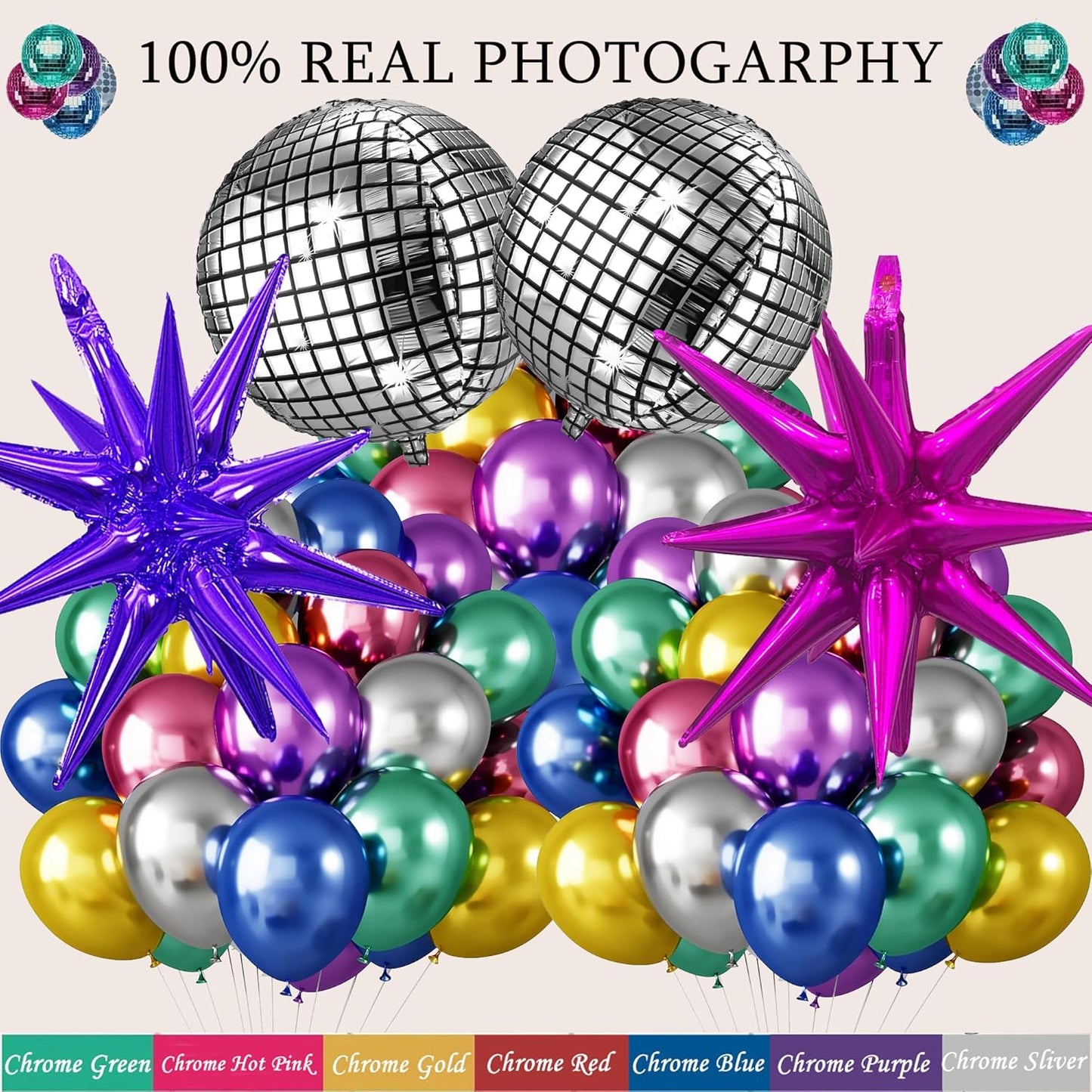 161pcs Shiny Chrome Balloon Garland Arch Kit Retro Disco Dance Party Decorations with 4D Disco Ball Balloons and Explosion Star Foil Balloons for 80s 90s Theme Neon Birthday Galaxy Supplies