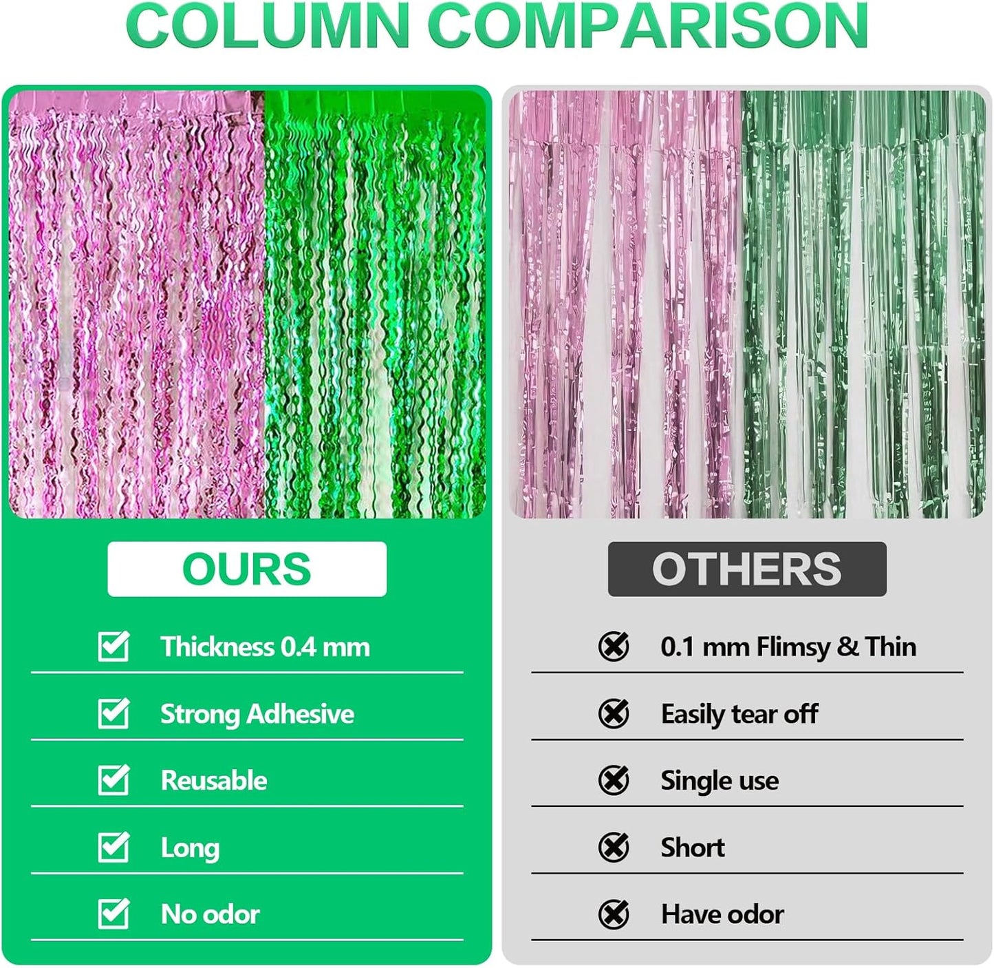 CANREVEL 2 Pack 3.3x6.6 Feet Pink and Green Wavy Foil Fringe Backdrop Curtains, Tinsel Streamers for Wicked Witch Merch Decor Birthday Party, Graduation, Halloween Party Decorations