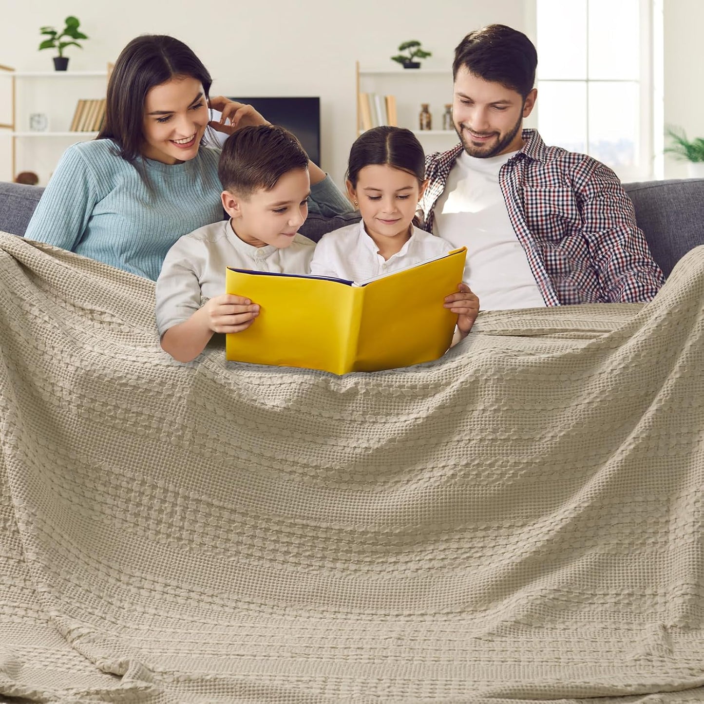 PHF 100% Cotton Waffle Blanket Oversized King 120"x120", Lightweight Breathable Extra Large 10'x10' Blankets for Bed, Giant Big Luxury Aesthetic Woven Bedding for Home Decor, Khaki