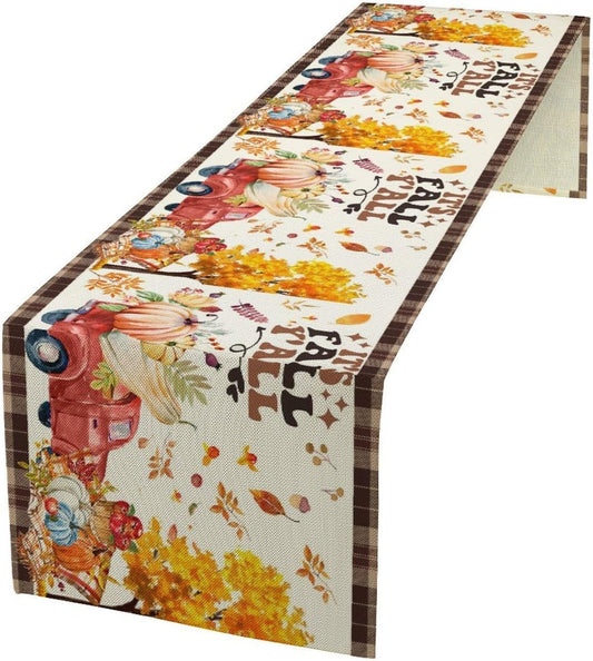 Fall Pumpkin Table Runner,Rustic Maple Yellow Leaf Trees Truncks Brown Plaid Tablecloth Burlap for Hotel Indoors Outdoor Dining Room Kitchen Home Decor,W13X L60 in