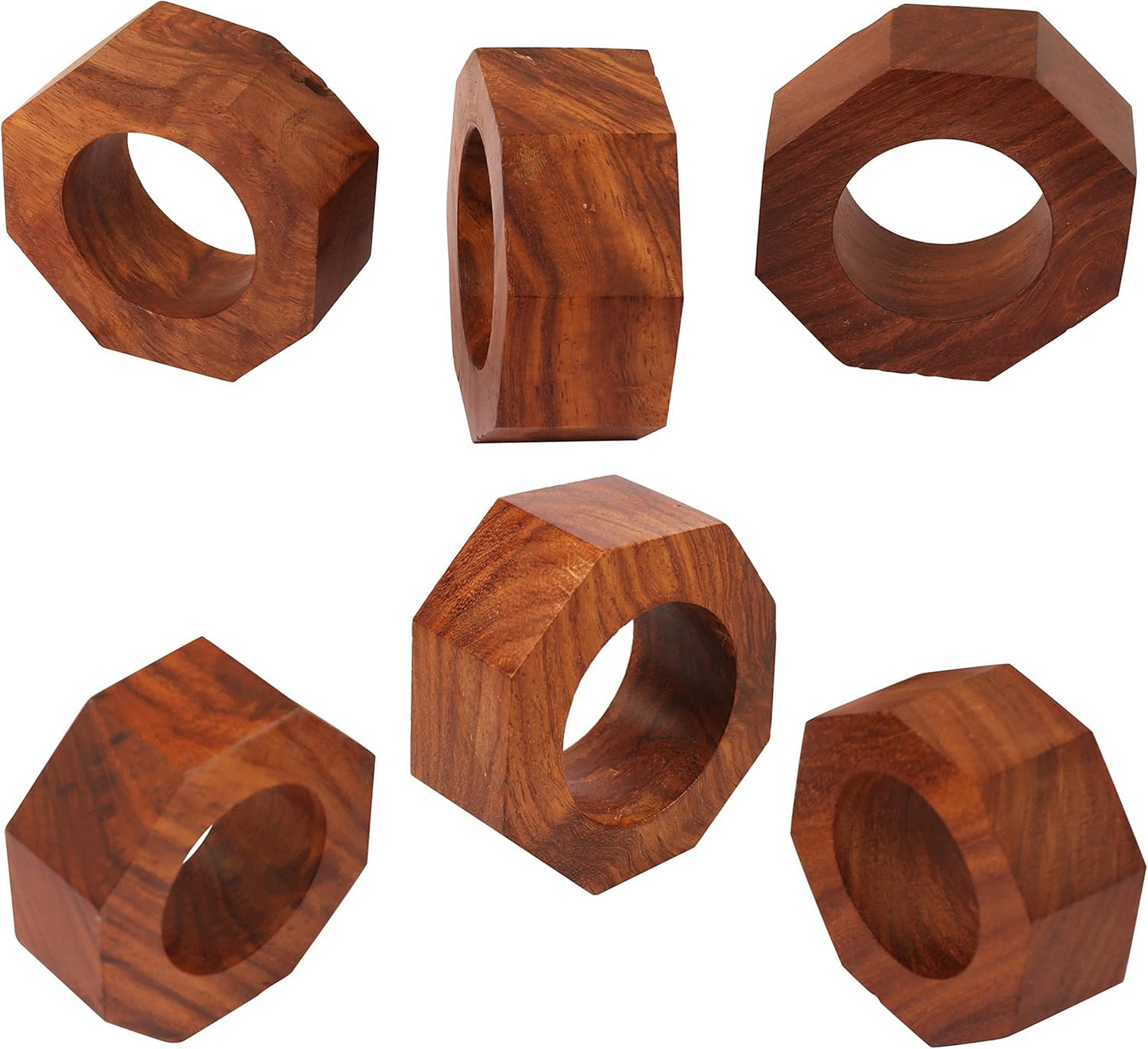 Finely Handcrafted Natural Wood Geometric Pentagon Shape Large Size Party Dining Table Napkin Holders in Natural Tone. (Set of 6).