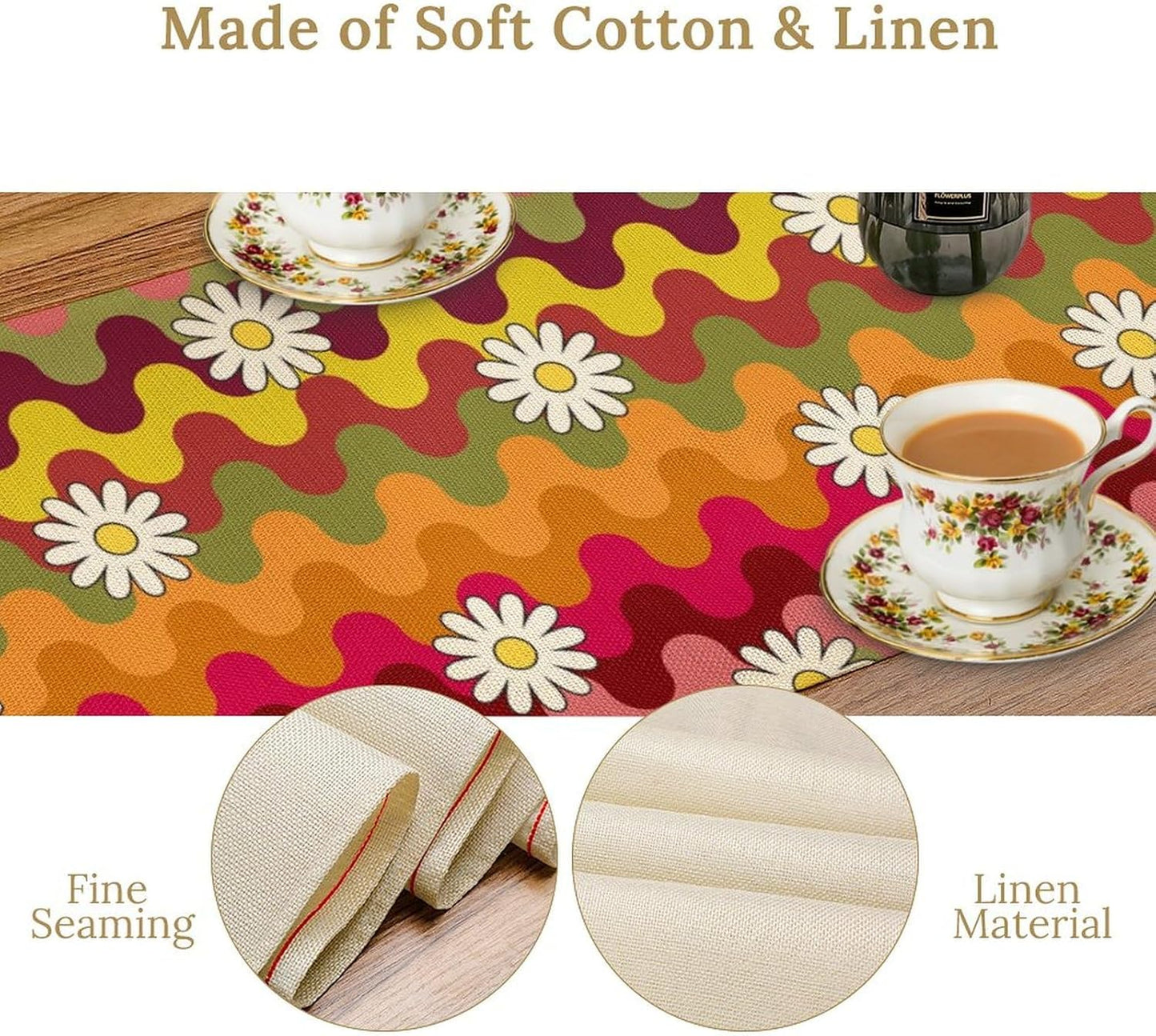 Vintage Floral Table Runner,60s 70s Colorful Retro Abstract Hippie Print Table Runner for Kitchen Dining Table Home Party Decoration 13x120 Inch