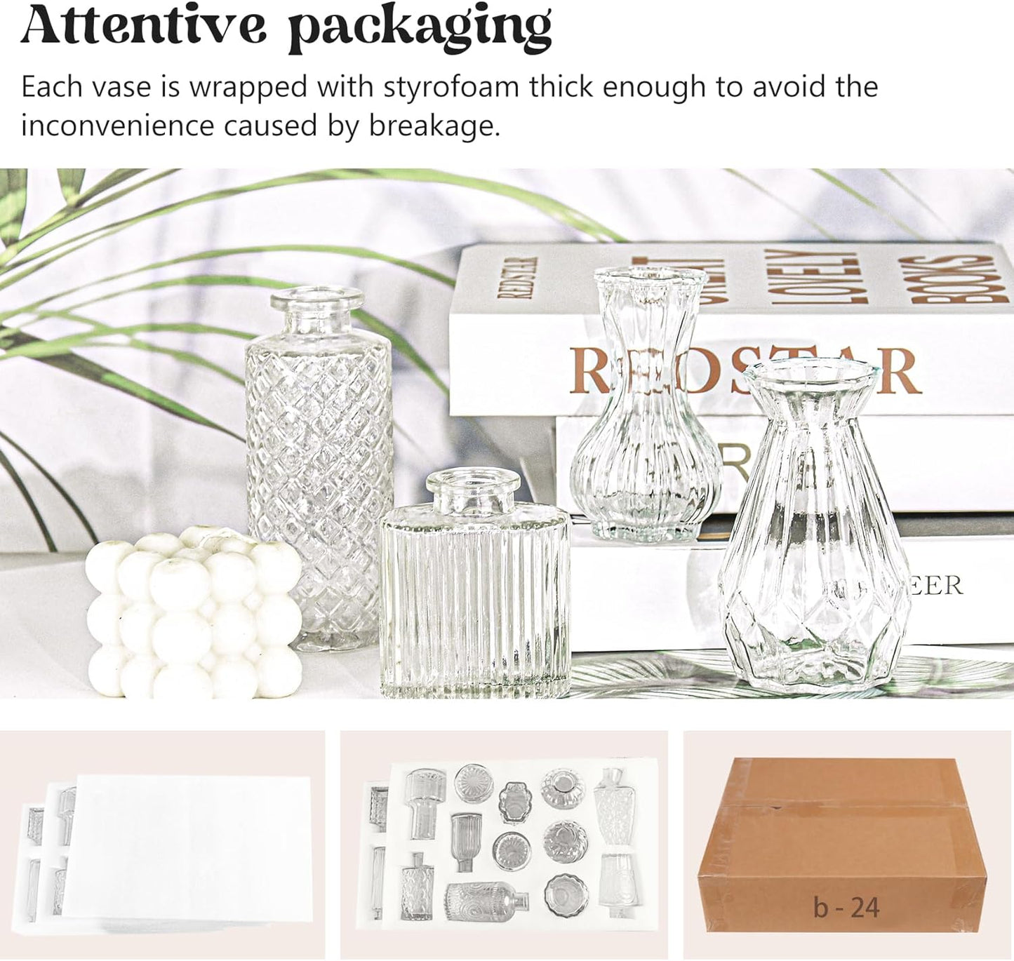 Set of 24 Glass Bud Vase Set, Small Vintage Clear Flower Vase Centerpieces for Table Bulk Cute Rustic Style Mini Vase for Home Decor Wedding Baby Shower Birthday Party