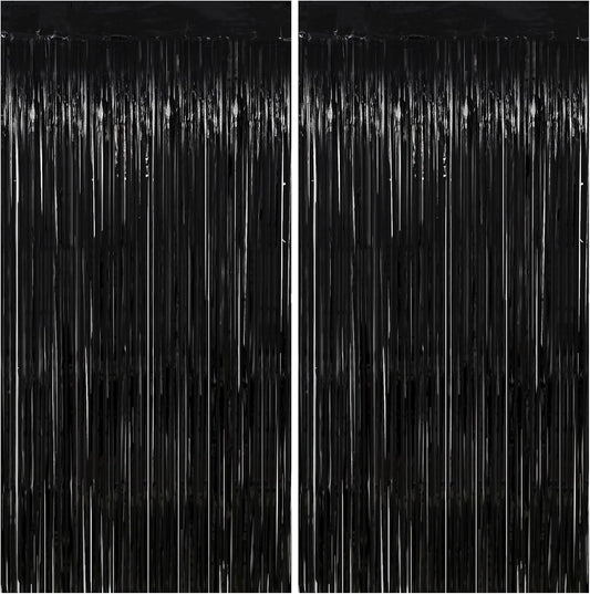 Black Streamers Party Decorations - Thicken 2 Pack 3.2 x 8.2 FT - Black Tinsel Foil Fringe Backdrop Curtains, Photo Booth Props for Birthday, Halloween, Retirement, Bachelor Party Decorations