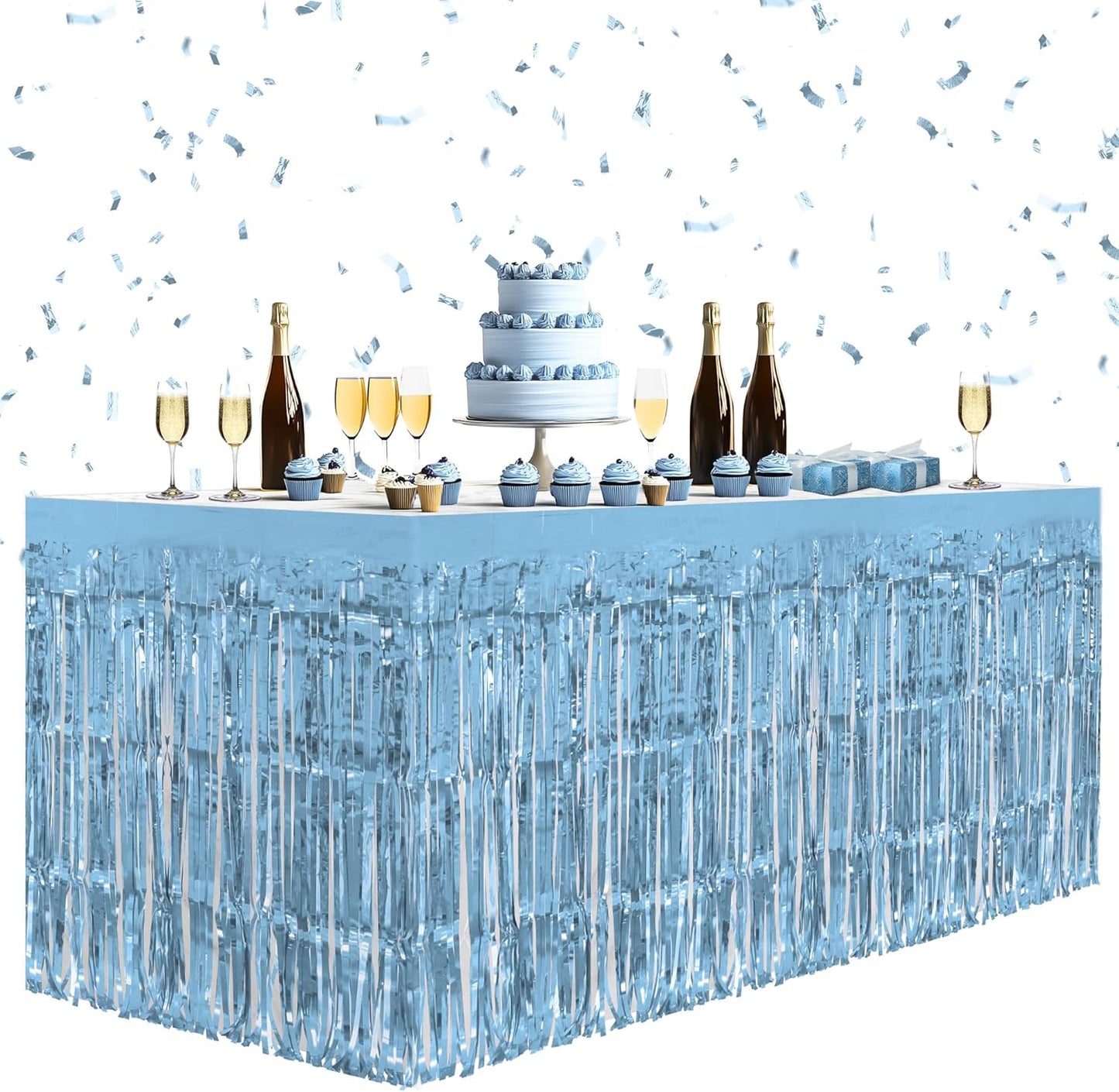 4 Pack Light Blue Table Skirts, 29x108" Metallic Foil Tinsel Fringe Table Skirts for Rectangle Tables Streamer Curtains Backdrop, Party Decorations for Birthdays Weddings Holidays