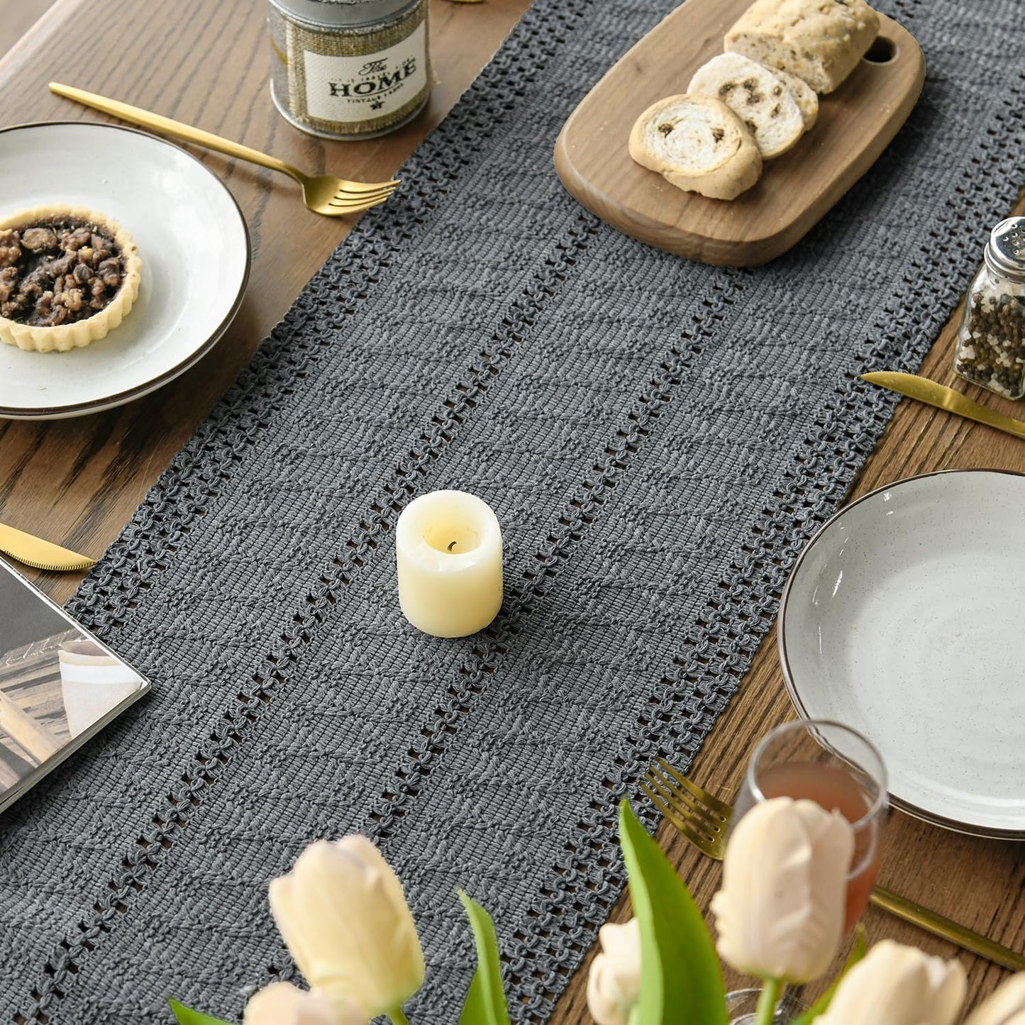 Artoid Mode Dark Grey Farmhouse Woven Rustic Hollow Table Runner, Seasonal Holiday Hollow Kitchen Dining Table Decoration for Home Party Decor 12x60 Inch