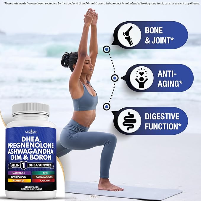 NEW AGE DHEA Supplement - Pregnenolone for Men & Women with DIM, Ashwagandha, Boron, Calcium, Magnesium, Zinc, Vitamin D3 5000iu - Support Capsules - 120 Count