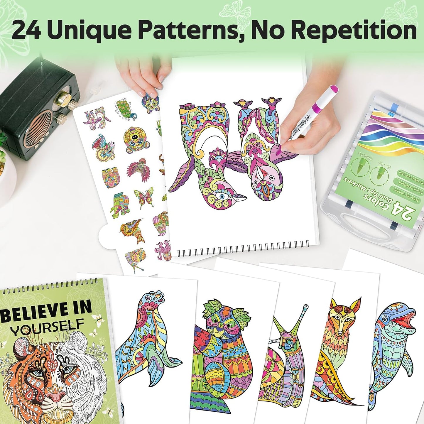 Adult Coloring Book Set for Women with 24 Colors Markers, Spiral Bound Coloring Book for Adults Relaxation with Full-Pattern Reference Cards, No Ink Bleeding-Anxiety Relief