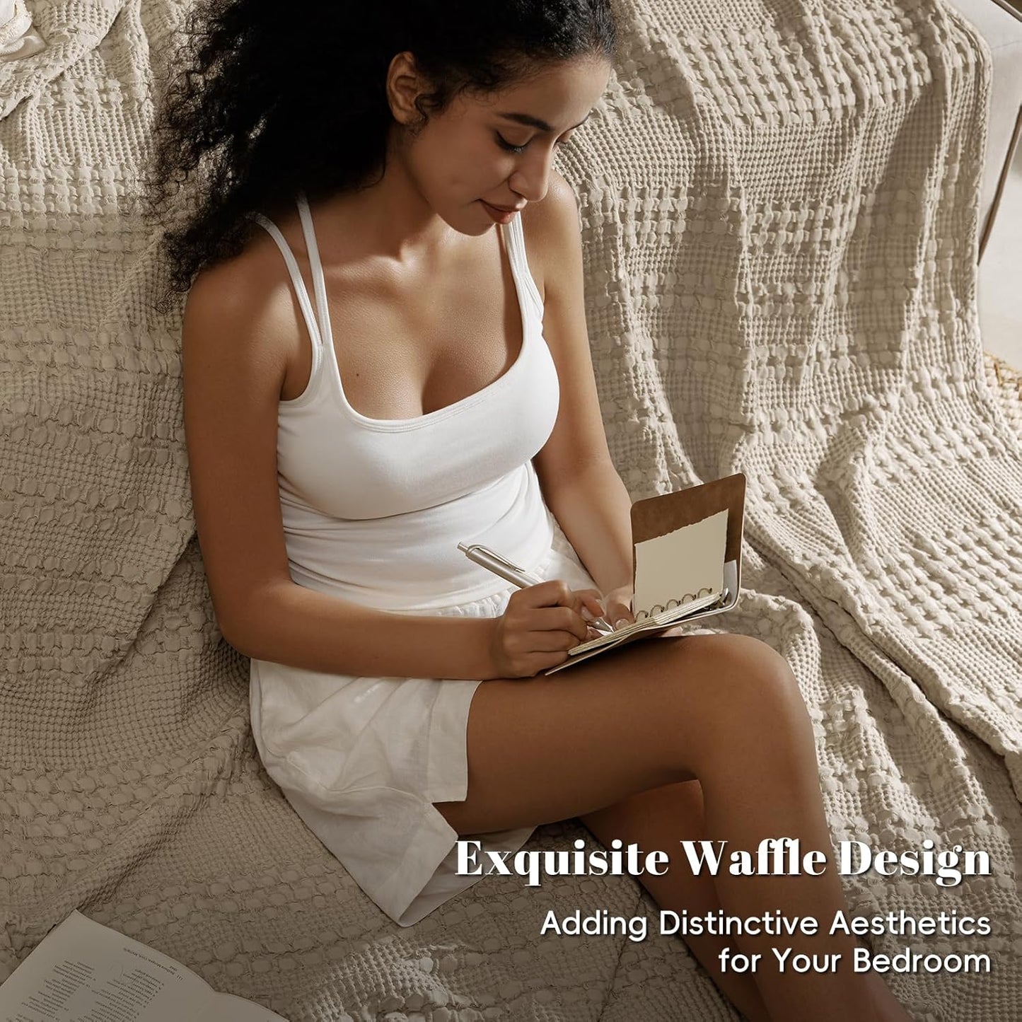 PHF 100% Cotton Waffle Weave Blanket Queen Size for Bed, Soft Lightweight & Breathable, All-Season Comfort, Luxury Aesthetic Woven Bedding for Home Decor, 90"x90", Simply Taupe