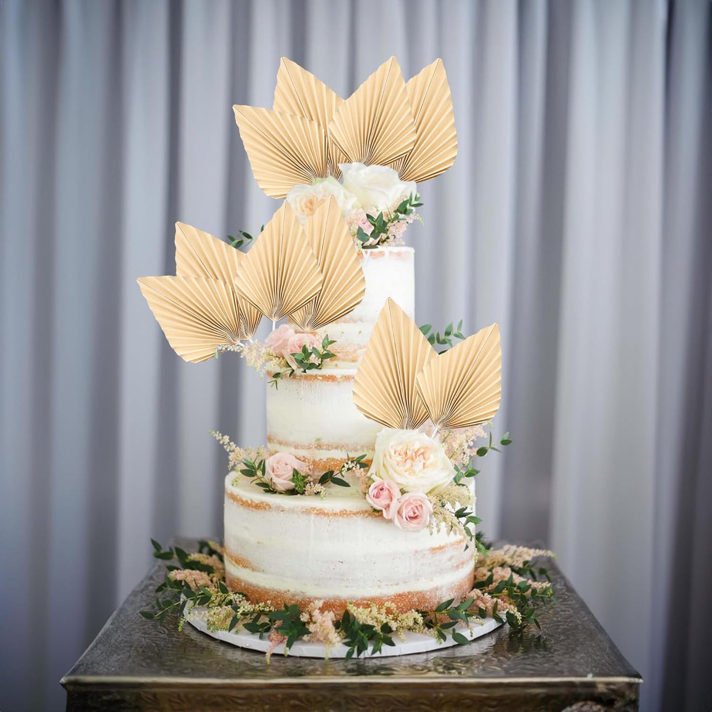 Ephlyn 6Pcs Paper Palm Fan Cake Topper Palm Spear Leaves Fan Cake Pick for DIY Craft Project Bridal Shower Wedding Bridal Shower Birthday Anniversary Party Cake Decorations Khaki