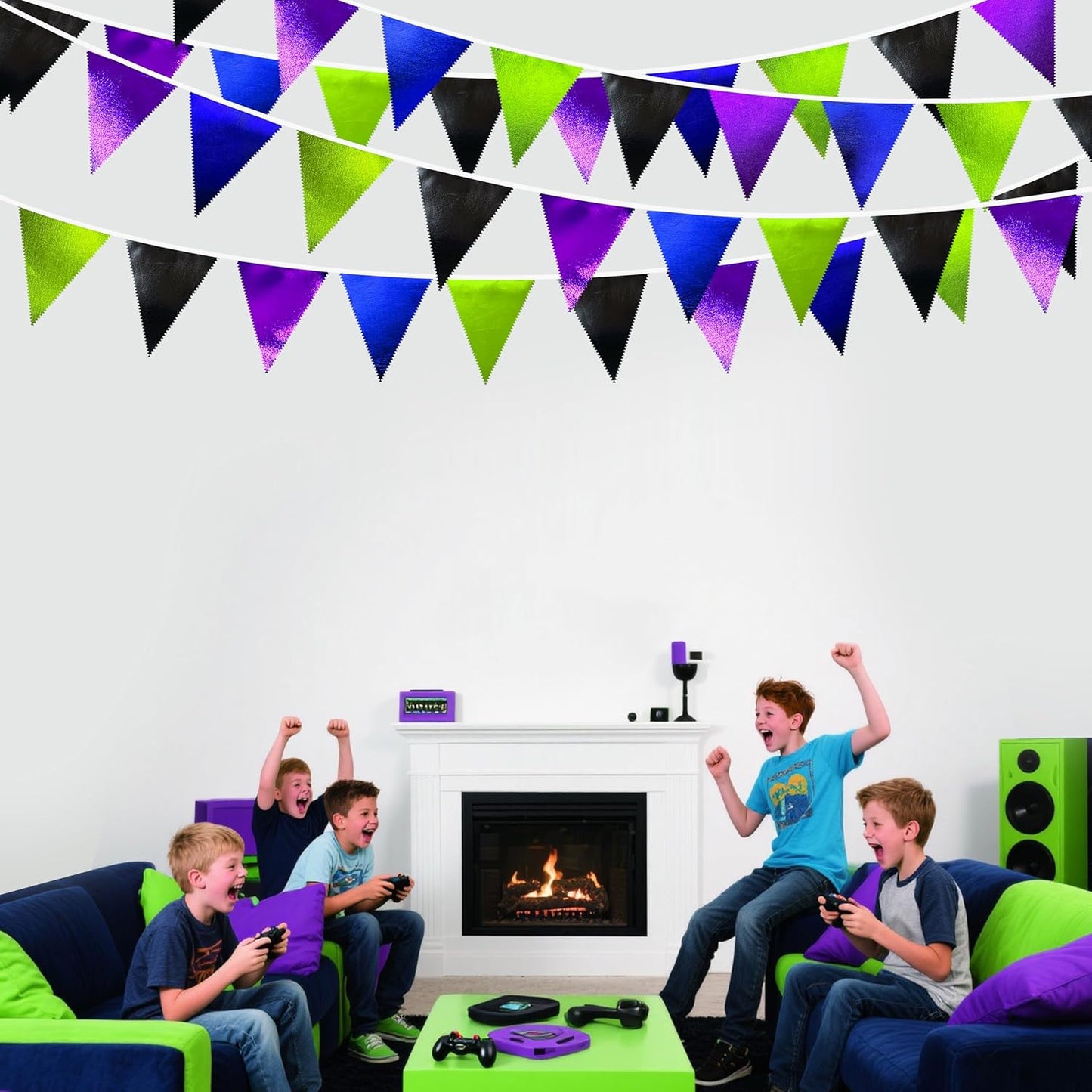 Video Game Party Decorations Black Blue Green Purple Metallic Fabric Triangle Pennant Banner Flag Bunting for Men Boys Birthday Graduations Retirement Wedding Bachelorette Video Game Party Supplies