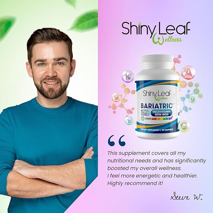 Shiny Leaf Bariatric Multivitamin with Iron - 45 mg for Gastric Bypass, Sleeve Gastrectomy, Roux-en-Y, Duodenal Switch - 22 Vitamins & Minerals, ASMBS Compliant, Vegetarian, Made in USA, GMP, 90 Ct.