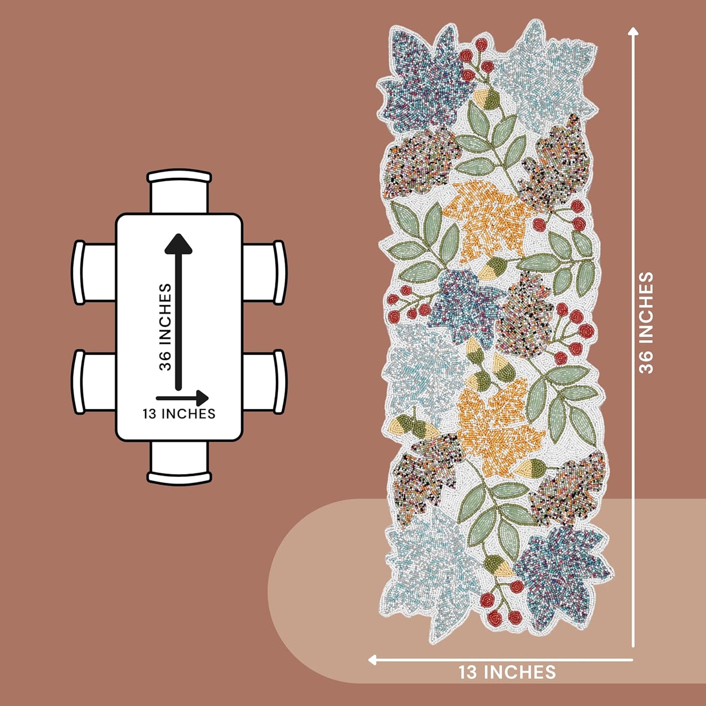 Boho Beaded Table Runner - 36" Handcrafted Glass Beads Floral Design with Durable Non-Slip Polyester Backing for Dining, Coffee Table & Special Occasions (Multi) - CLEENTABLE