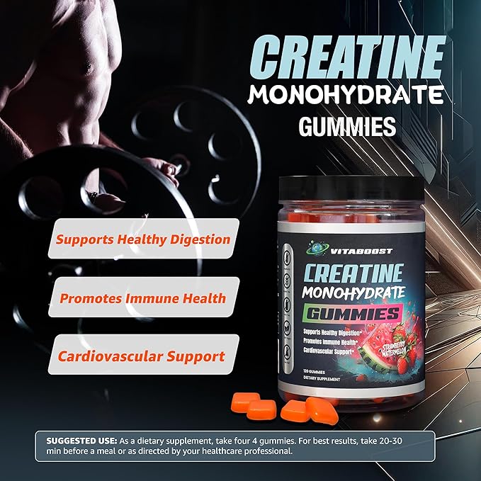 Creatine Gummies 5g- Natural Creatine Monohydrate for Men & Women- Delicious Strawberry Watermelon Flavor- Boost Strength, Energy & Muscle Growth- Vegan Pre Workout Gummies- Made in USA