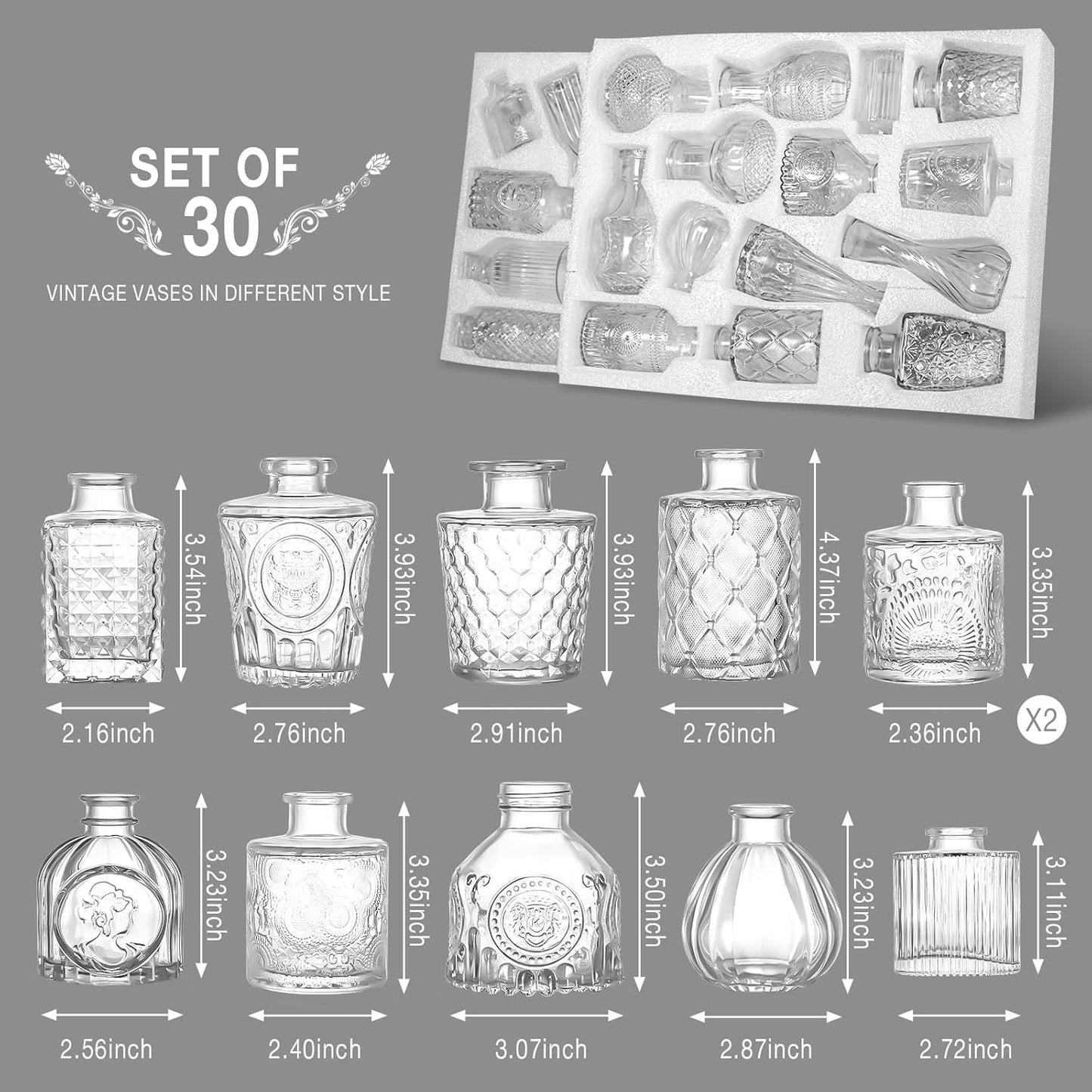 Glass Bud Vase Clear Bud Vases Set of 30 for Centerpieces, Vintage Glass Flower Vases in Bulk Suitable for Weddings, Parties or Home Decoration