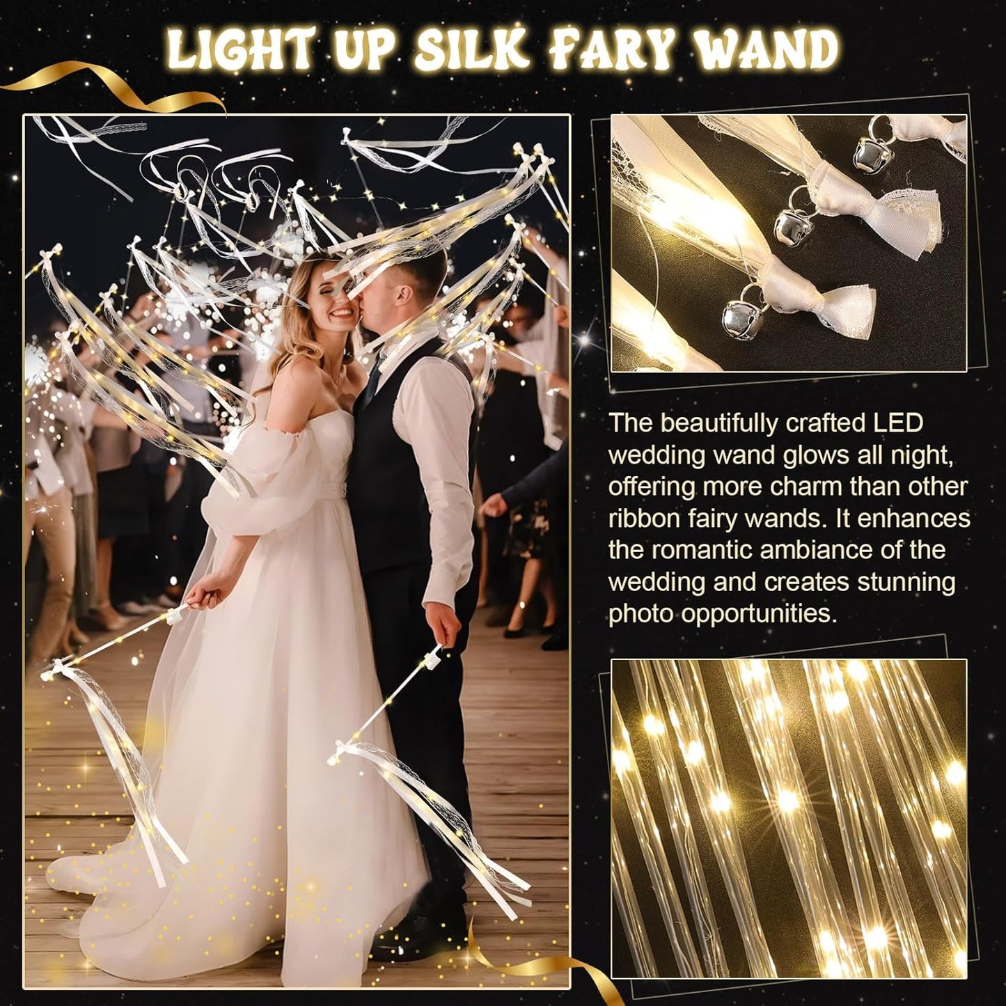 50 Pcs Wedding Wands Ribbon Streamers with 3 Colorful Flashing Modes, Light up LED Silk Fairy Wands, Glow Lace Stick with Bells for Wedding Reception, Graduation, New Year, Birthday Party (Warm White)