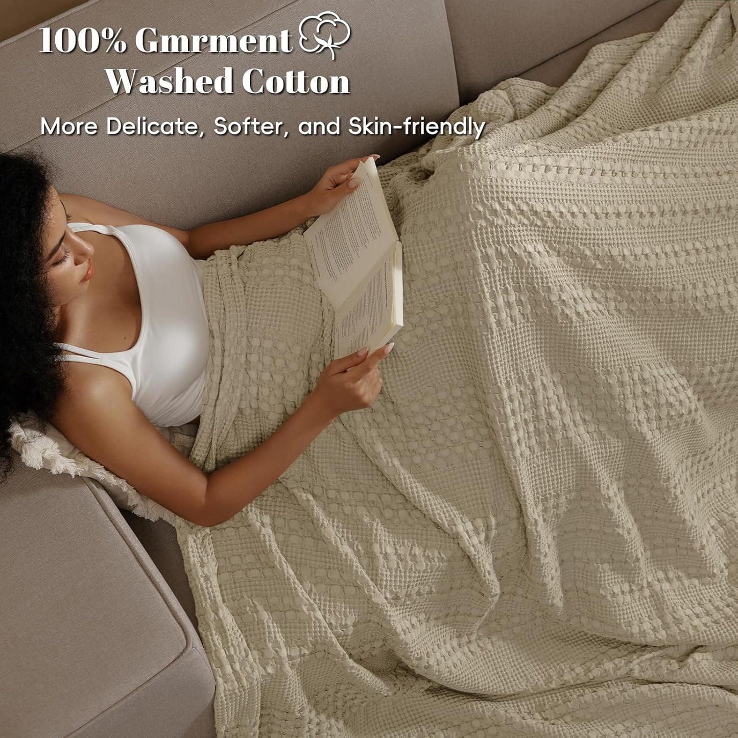 PHF 100% Cotton Waffle Weave Blanket King Size for Bed, Soft Lightweight & Breathable, All-Season Comfort, Luxury Aesthetic Woven Bedding for Home Decor, 108"x90", Khaki