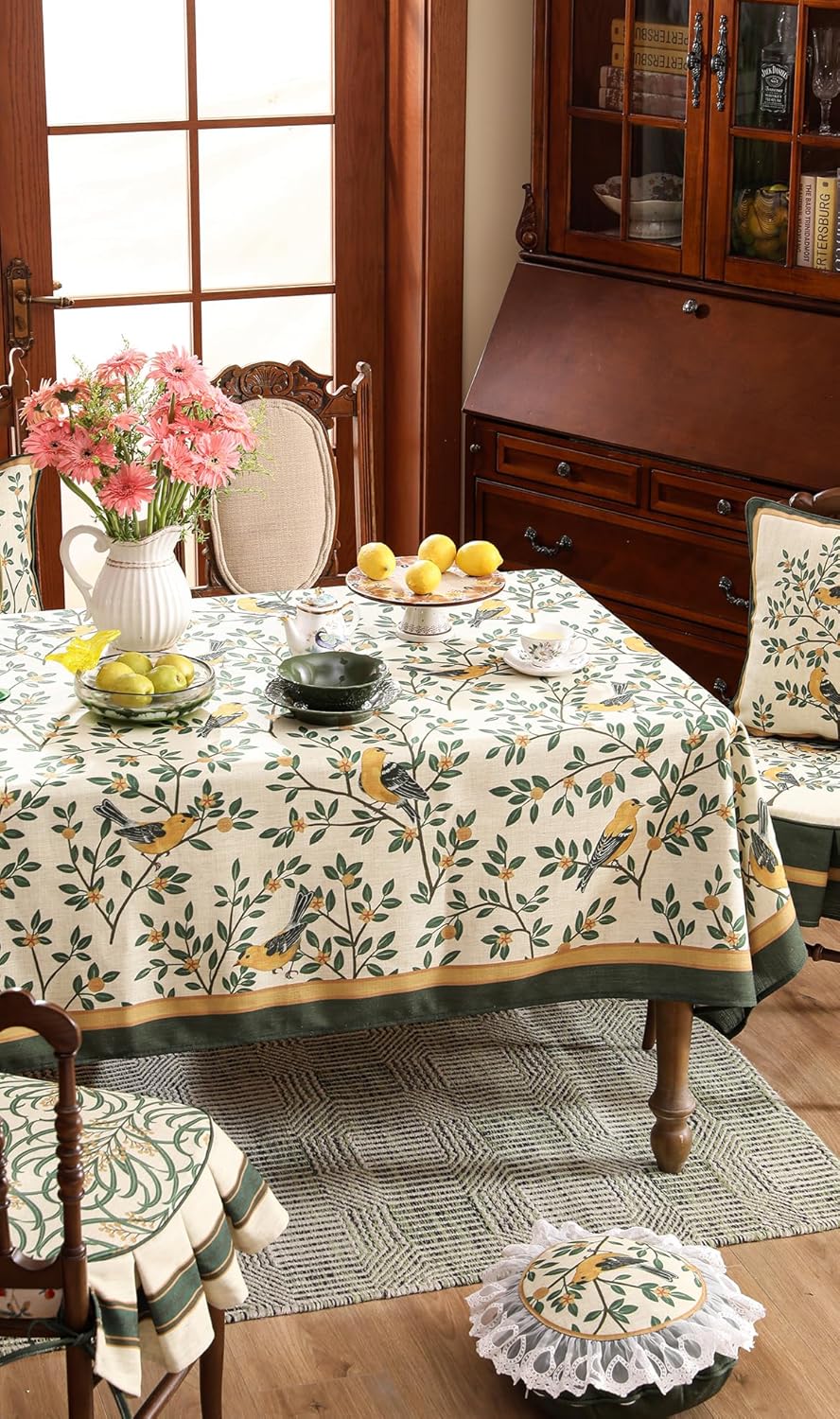 patdrea Designer French Table Cloth for Rectangle Table,Vintage Green Linen Birds and Leaves Pattern Tablecloths,Dacorative Cover Kitchen Dining,Christmas,Thanksgiving,Party,63"x102"-Warbler