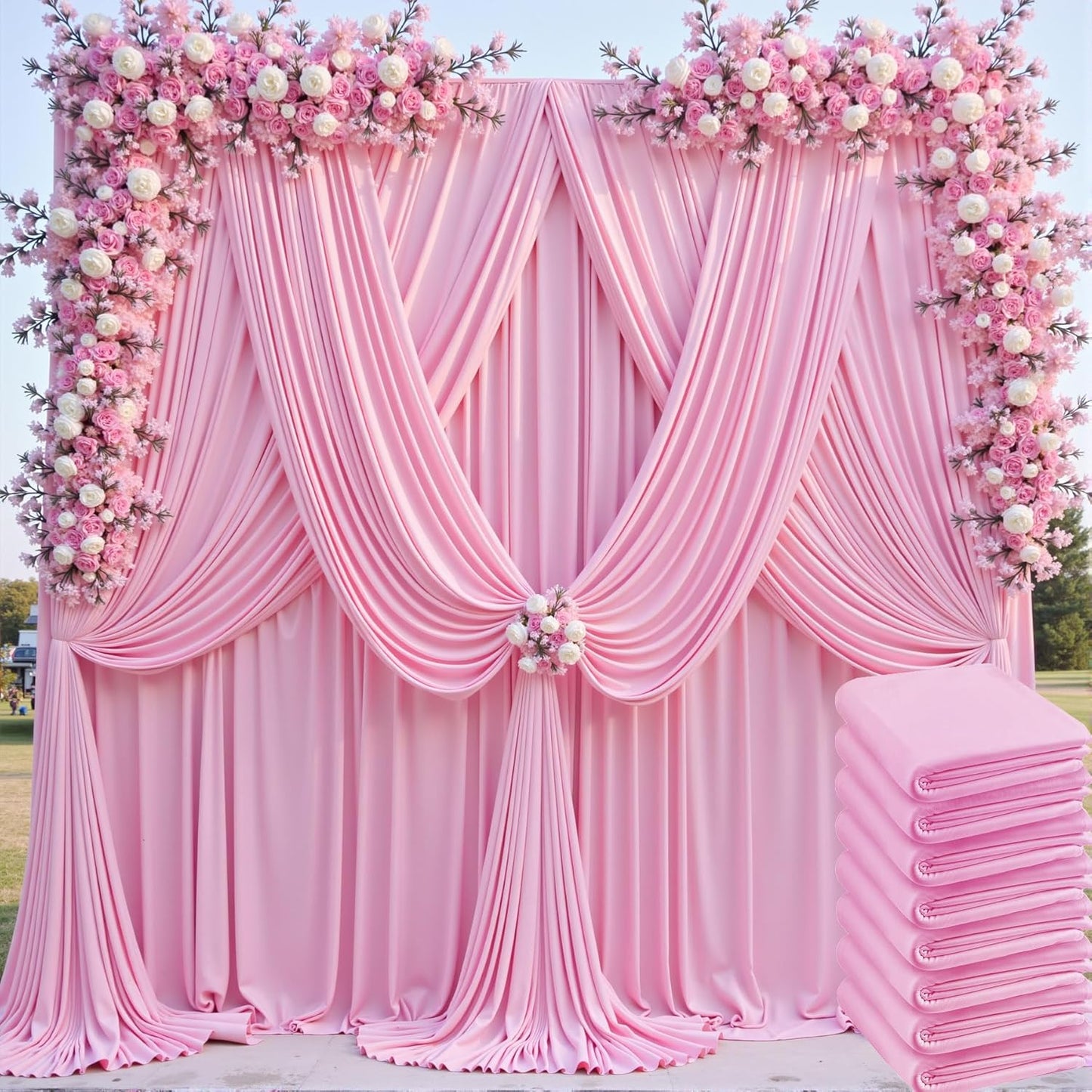 40ftx10ft Pink Backdrop Curtains for Parties, Wrinkle Free 8 Panels Silky Polyester Photo Backdrop Drapes Back Drop Cloth for Wedding Birthday Photography Baby Shower Decor