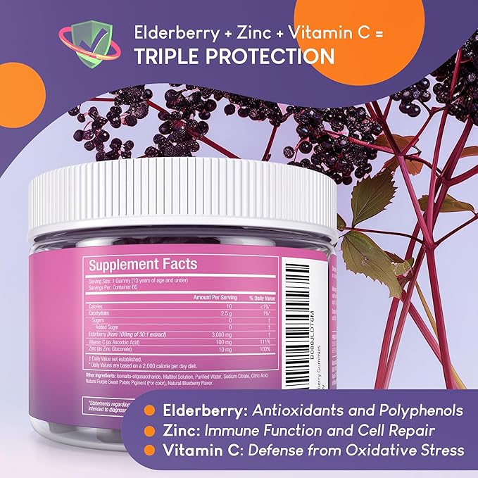 Purify Life Sugar-Free Kids Elderberry Gummies with Vitamin C & Zinc – Daily Immune Support Supplement for Children, Sambucus Antioxidant, Vegan, 60 Ct