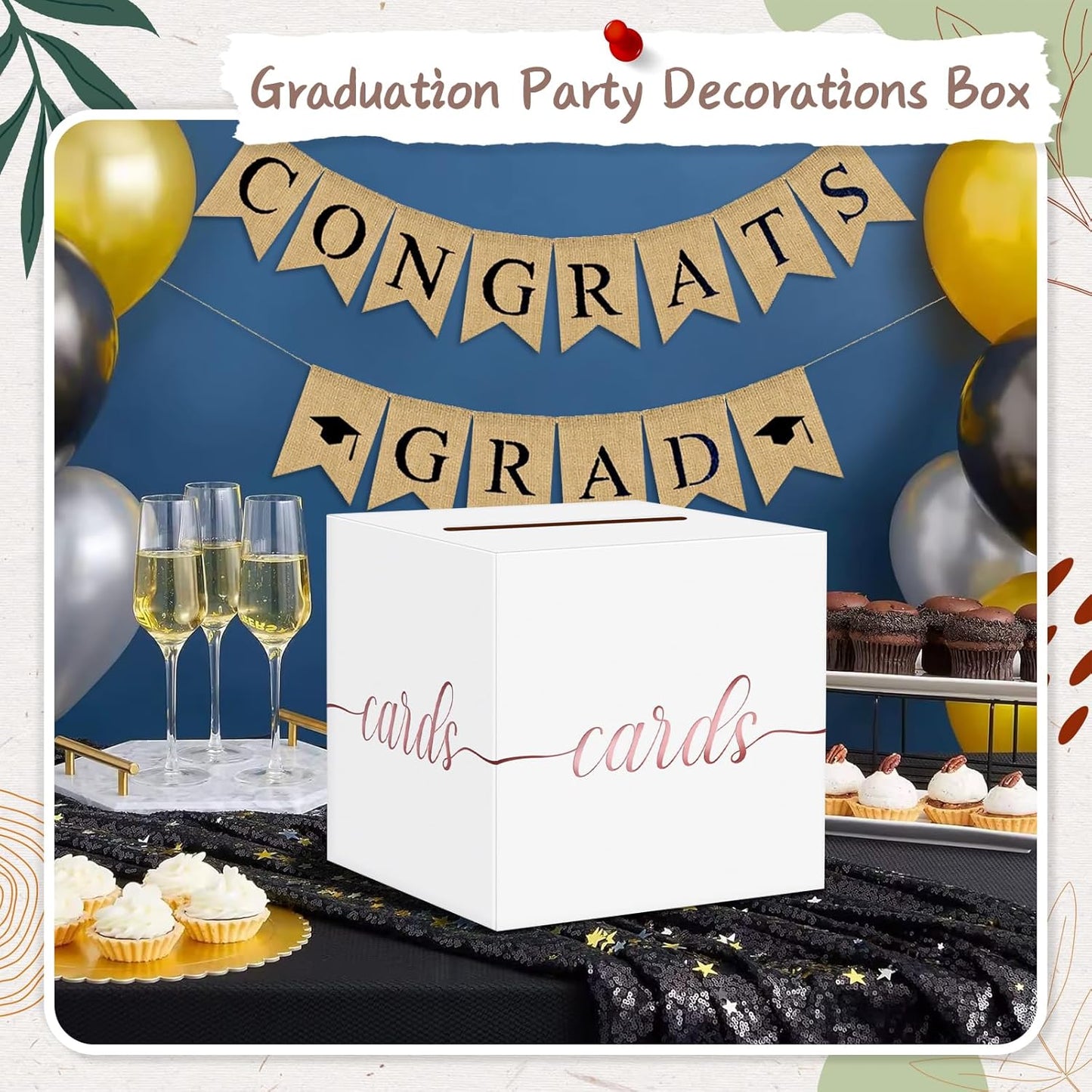 QIKSION White Wedding Card Box, Rose Gold Foil Gift Card Box for Party, Wedding Reception, Graduation, Birthday, Baby Shower, Raffle