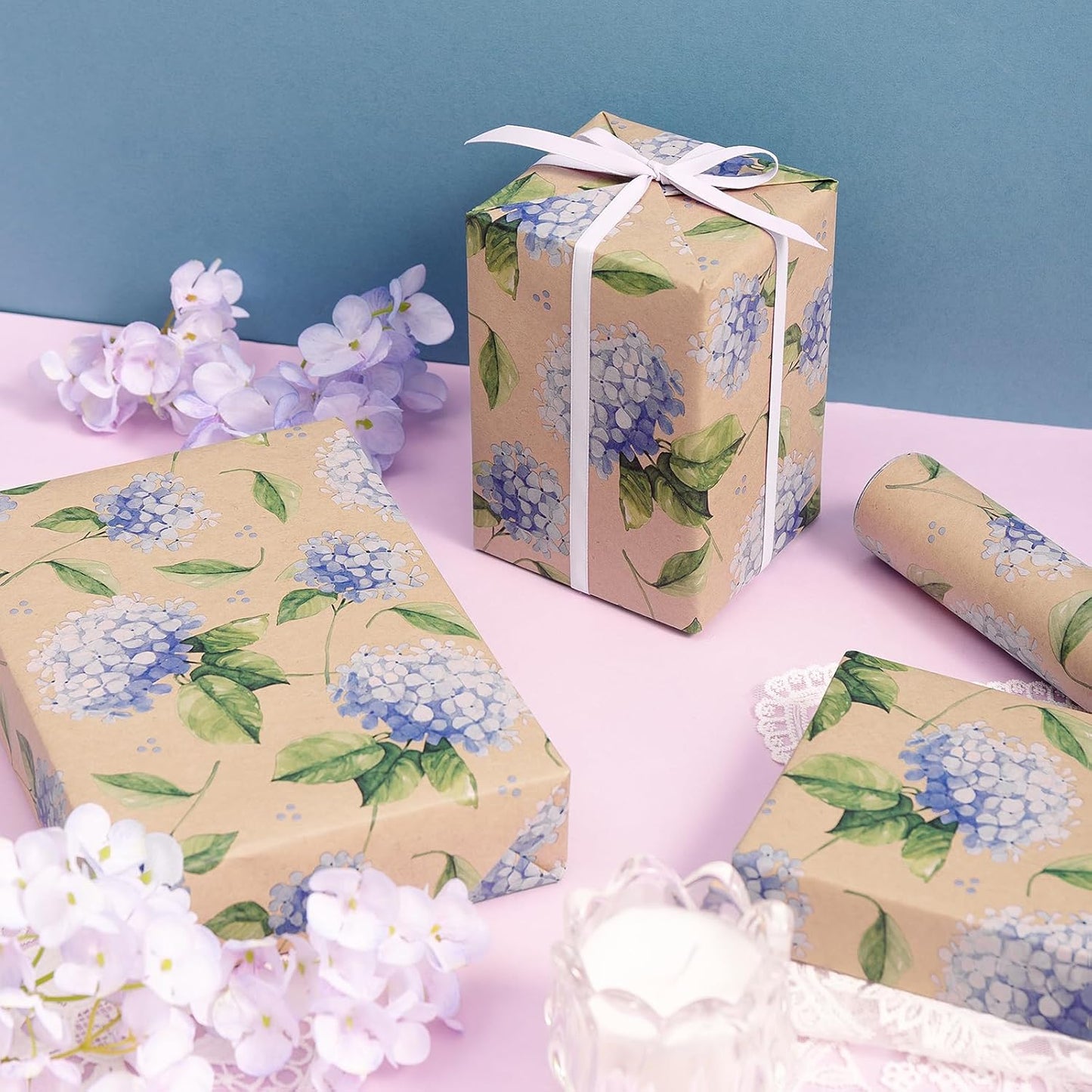 RUSPEPA Hydrangea Wrapping Paper for Women Girls, Mini Roll, Delicate Blooming Floral Gift Wrap, Aesthetic Purple Flower Kraft Paper for Spring, Wedding, Mother's Day, Birthday, 17 Inch x 16.4 Feet