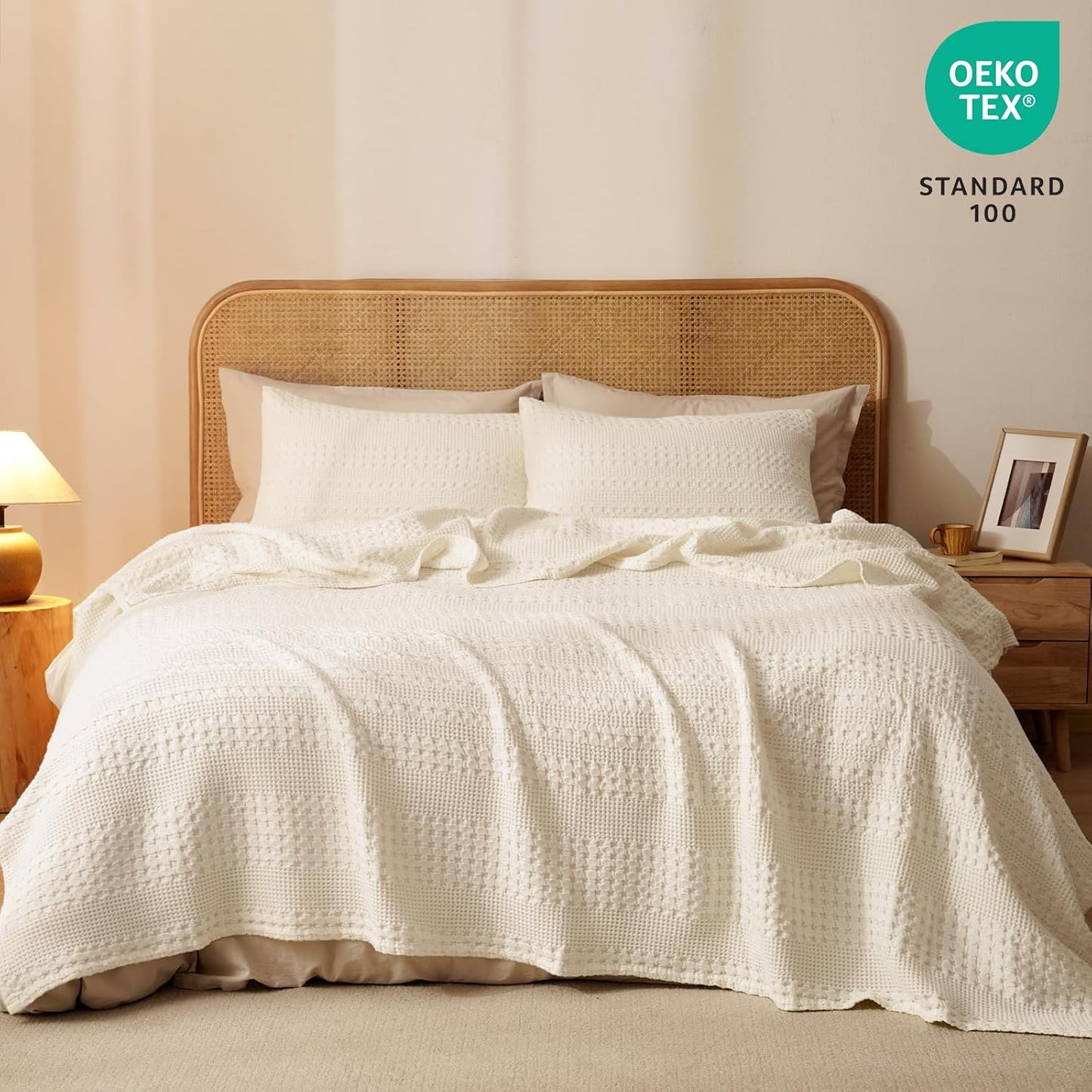 PHF 100% Cotton Waffle Weave Blanket Twin Size for Bed, Soft Lightweight & Breathable, All-Season Comfort, Luxury Aesthetic Woven Bedding for Home Decor, 66"x90", Undyed