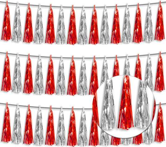 3P Metallic Fringe Tassel Banner Garland Foil Tinsel Streamer Wall Hanging Curtain Backdrop Banner for Parade Floats,Halloween Decorations, Christmas Day, Wedding Party Decoration(Red Silver)