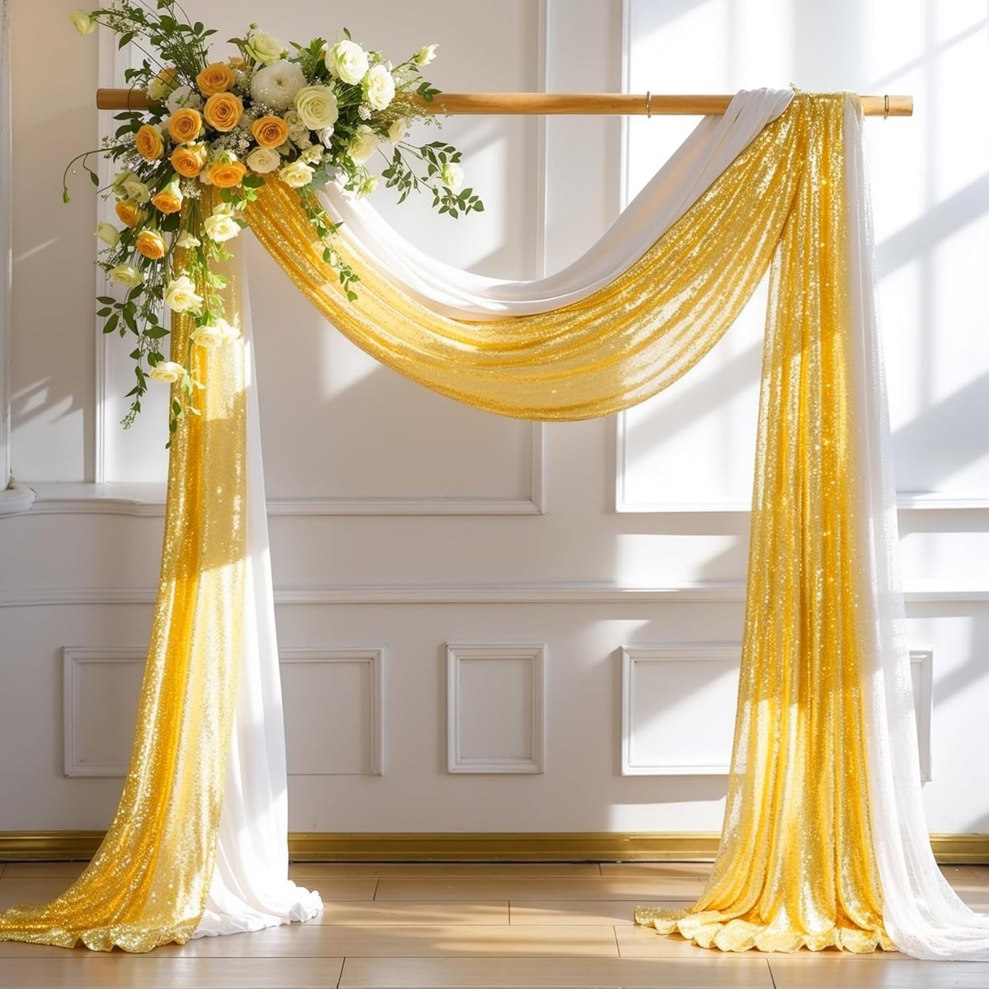 Wedding Arch Draping Fabric, 1 Panel 28" x19ft White Arch Drapes & 1 Panel 16" x19ft Gold Sequin Fabric Drapes Arbor Backdrop Curtain for Wedding Arch Ceremony Bridal Shower Reception